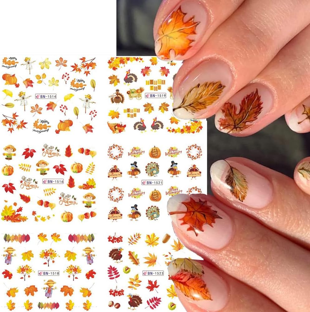 12 Sheets Fall Maple Leaf Nail Art Stickers Autumn Water Transfer Nail Decals Thanksgiving Day Nail Art Supplies Turkey Pumpkin Leaves Scarecrow Nail Design Slider Stickers for Women Nail Decorations