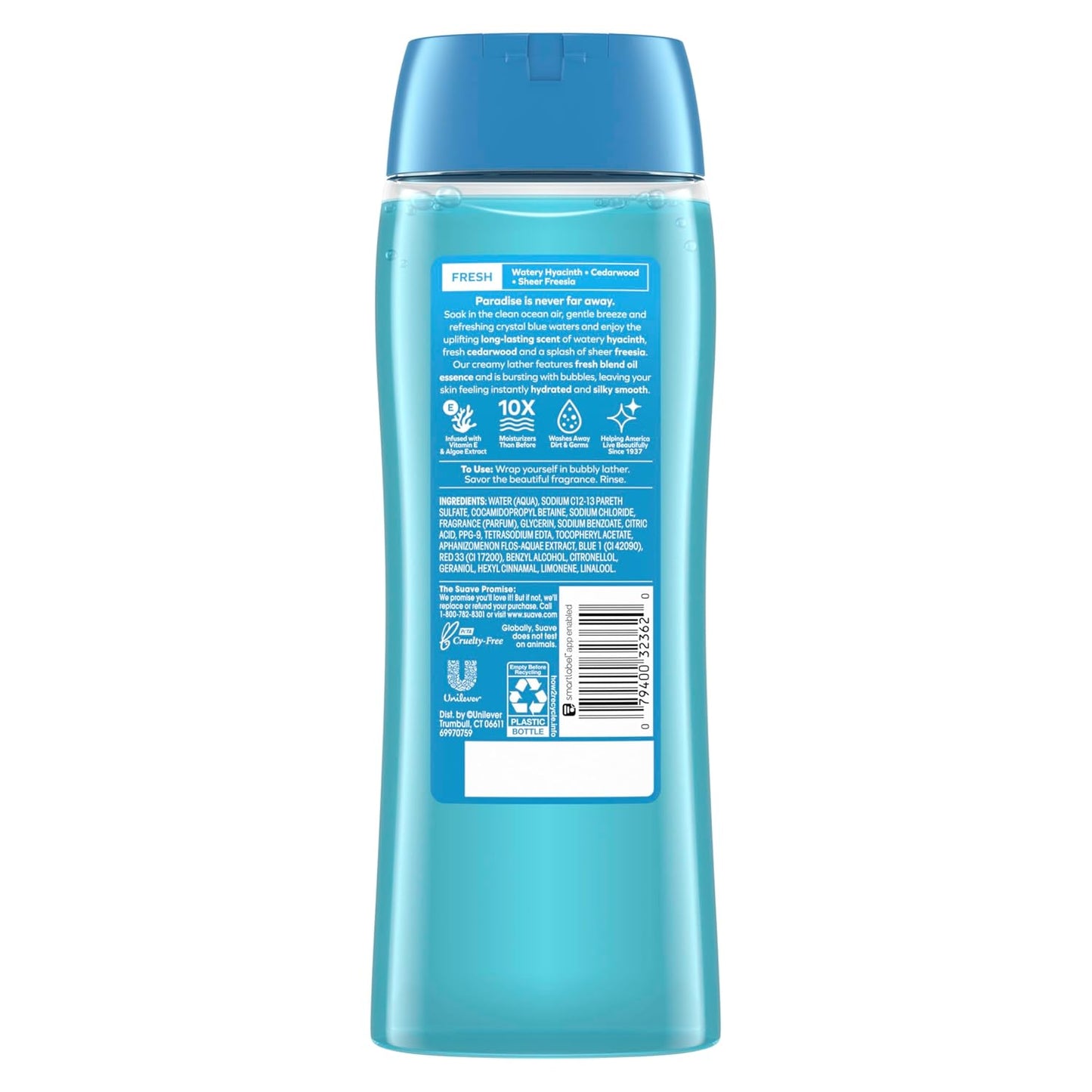 Suave Moisturizing Body Wash, with Ocean Breeze Scent and Vitamin E Extract, No Parabens, No Phtahaltes, 18 Oz Pack of 6