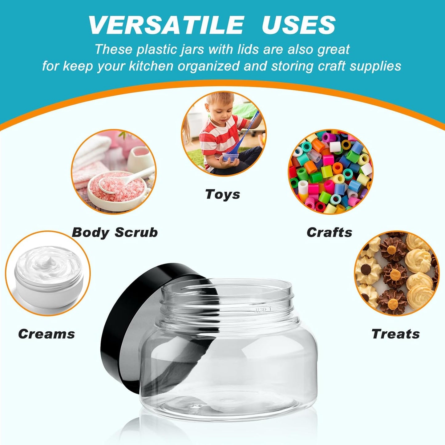 Tessco 24 Pack Plastic Jars with Lids Labels Empty Clear Plastic Jars Round Refillable Cosmetic Containers Body Butter Containers Bulk Sugar Scrub Bottle for Make Up(8 oz,Multicolor)