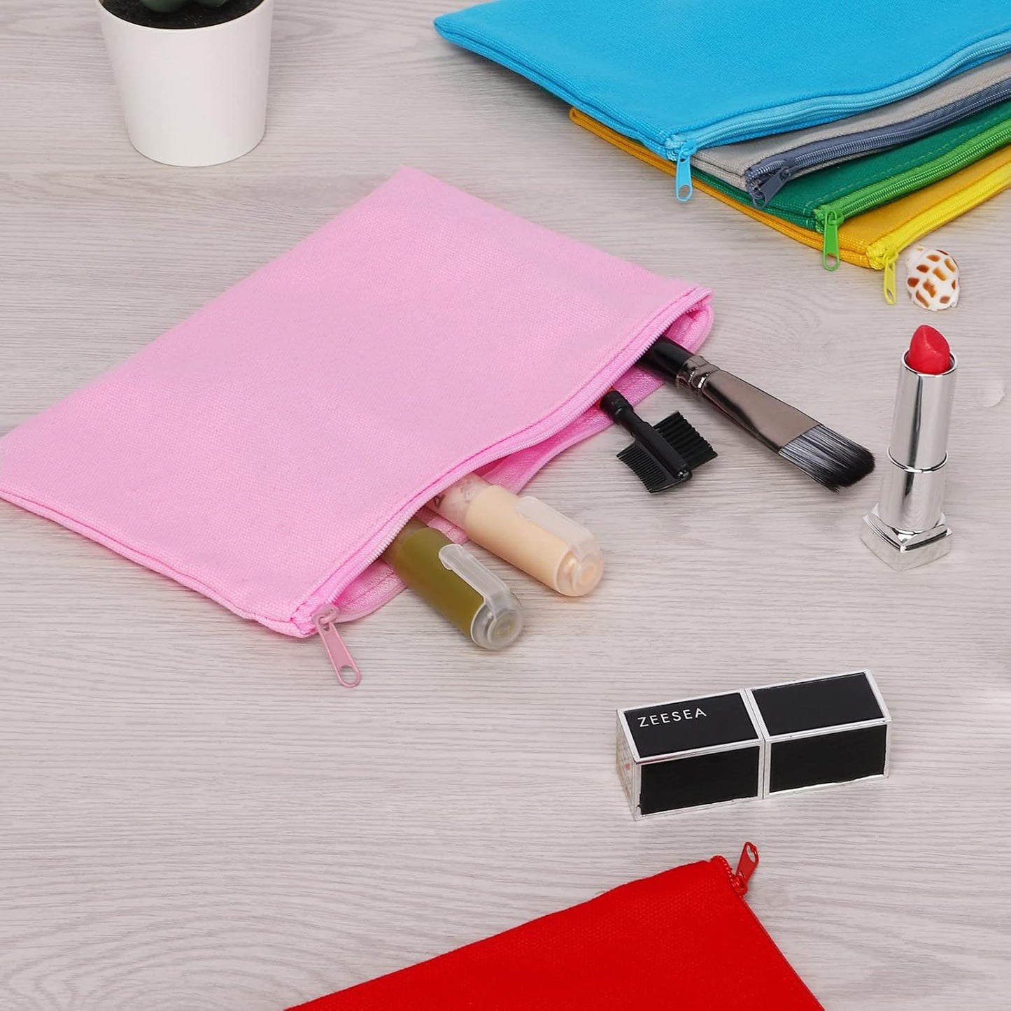 12 Pieces Cotton Canvas Makeup Bag, Multipurpose Cosmetic Bag with Zipper Travel Toiletry Pouch, Blank DIY Craft Bag (Pink, M)