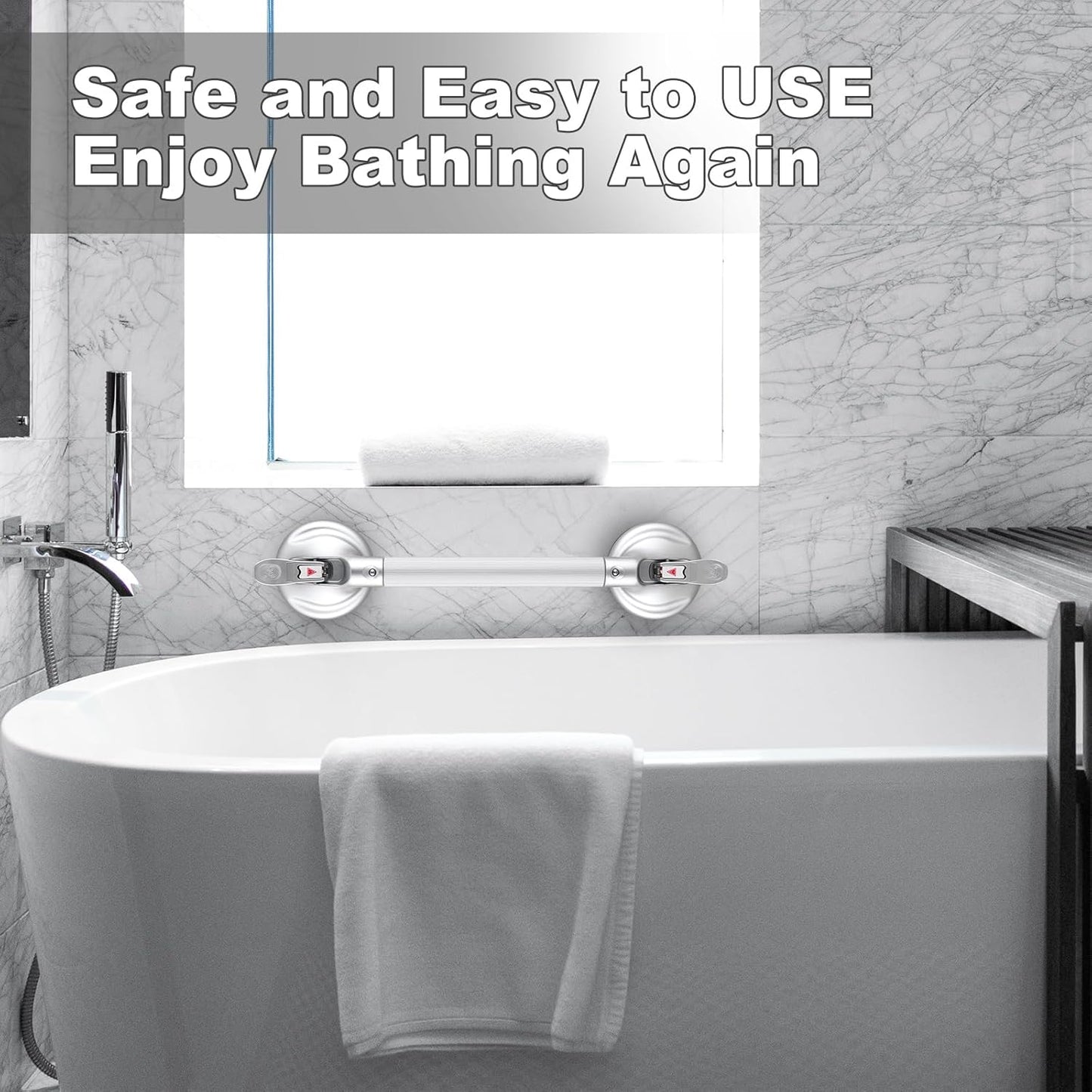 15-Inch Shower Handle - Upgraded Grab Bar with Strong Suction Cups for Bathtub & Shower Safety, Ideal for Seniors, Elderly, Disabled -Silver