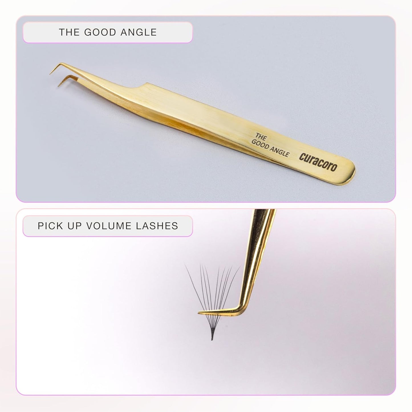 Curacoro Lash Tweezer - Professional & Precision Fiber Tip Grip Lash Tweezers for Eyelash Extensions, Multi Shapes & Purposes Tweezers for Volume, Isolation & Classic Lashes (Gold, The Good Angle)