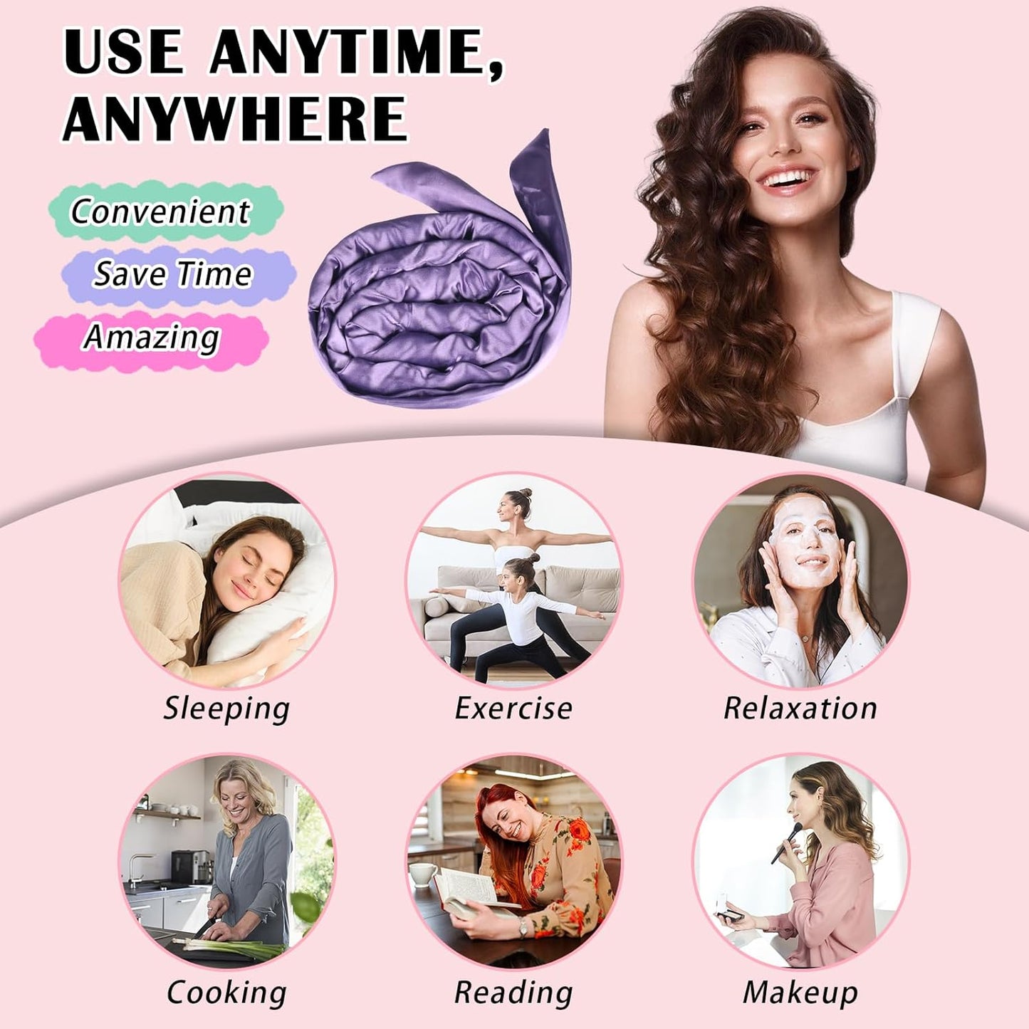 Satin Heatless Curls Overnight Hair Curlers to Sleep In Hair Curler Rollers No Heat Hair Wrap for Curls Headband, 70" Satin Heatless Curling Rod Set for Women Long Waves Hair Volume-Purple 9PCS