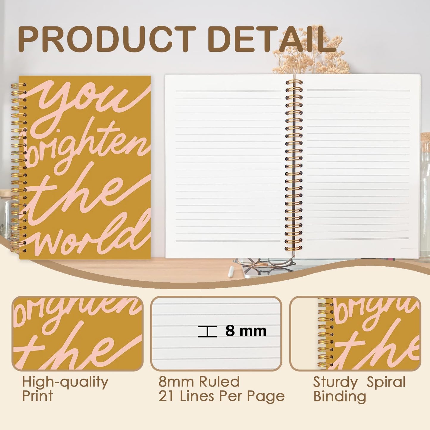 Inspirational Spiral Journal Notebook 5.5x8.3in, You Brighten the World,Positive Gifts for Women, Affirmation Journal for Women, Motivational Hardcover Notebook