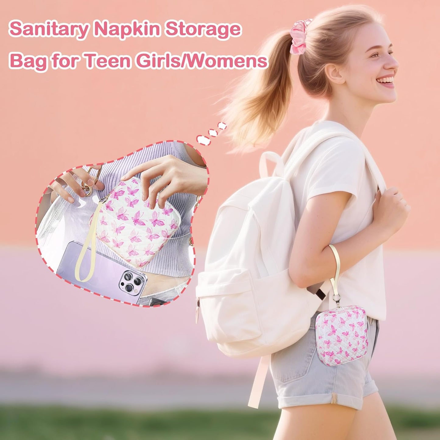 Tampon Holder for Purse, Quilted Period Bag Sanitary Napkin Storage Bag for Girls Womens, Portable Feminine Emergency Pad Period Pouch(Butterfly Bear)