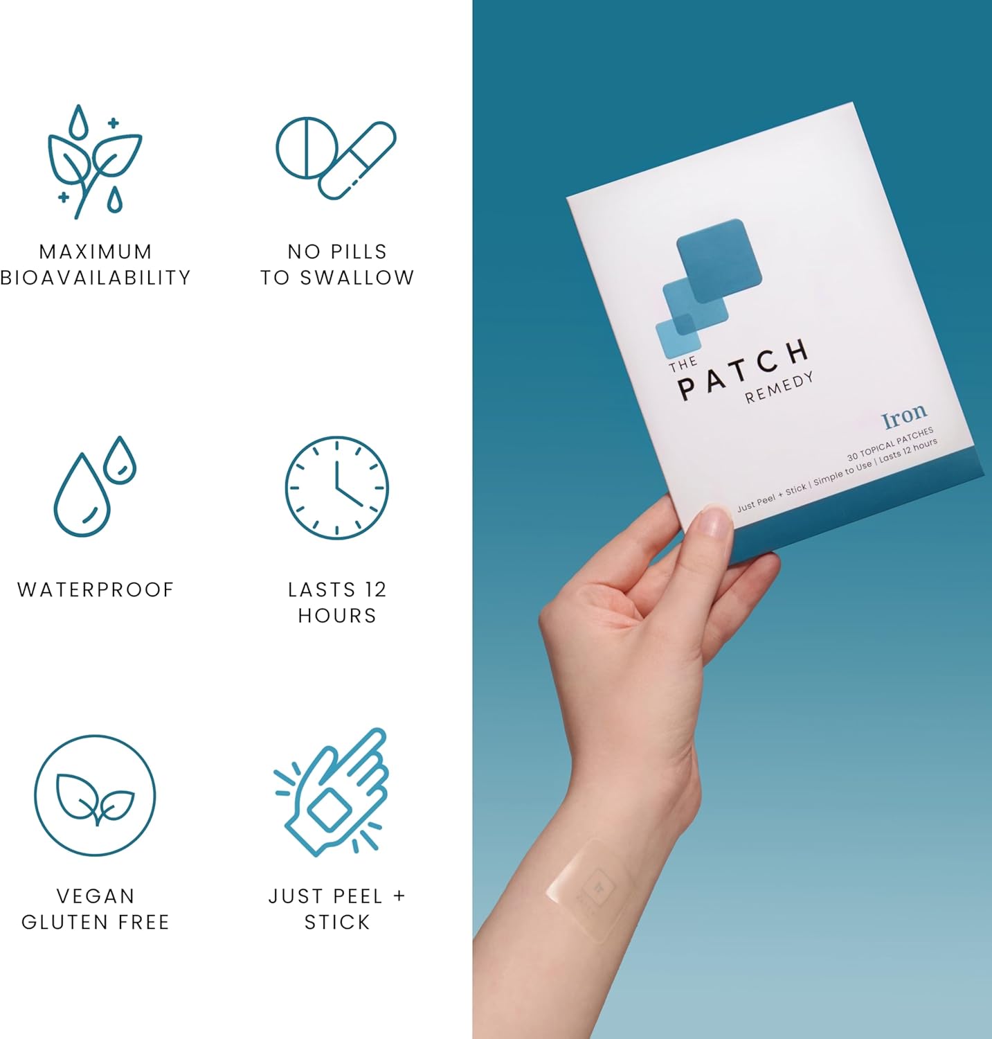 Iron Patch | Iron Bisglycinate, Vitamin C, Vitamin B9 (Methylfolate), Vitamin B12, Beta-Carotene, Astaxanthin | 30 Patches