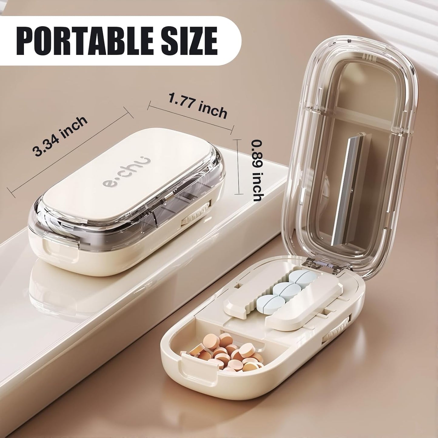 Portable Pill Cutter with Adjustable Slots – Multi Pill Splitter for Small & Large Tablets, Stainless Steel Blade, Clear Cut, Non-Slip Design, Easy to Use for Weekly Medication(Beige, 1/2)