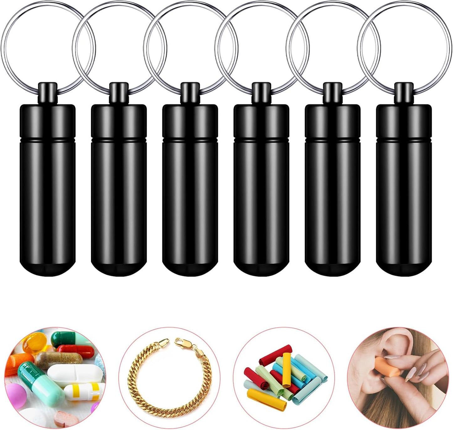 Patelai 12 Pcs Portable Keychain Pill Holder Mini Pocket Pill Case for Men Women Aluminum Geocache Containers Waterproof Metal Medicine Bottle Organizer for Outdoor Camping Travel(Black)