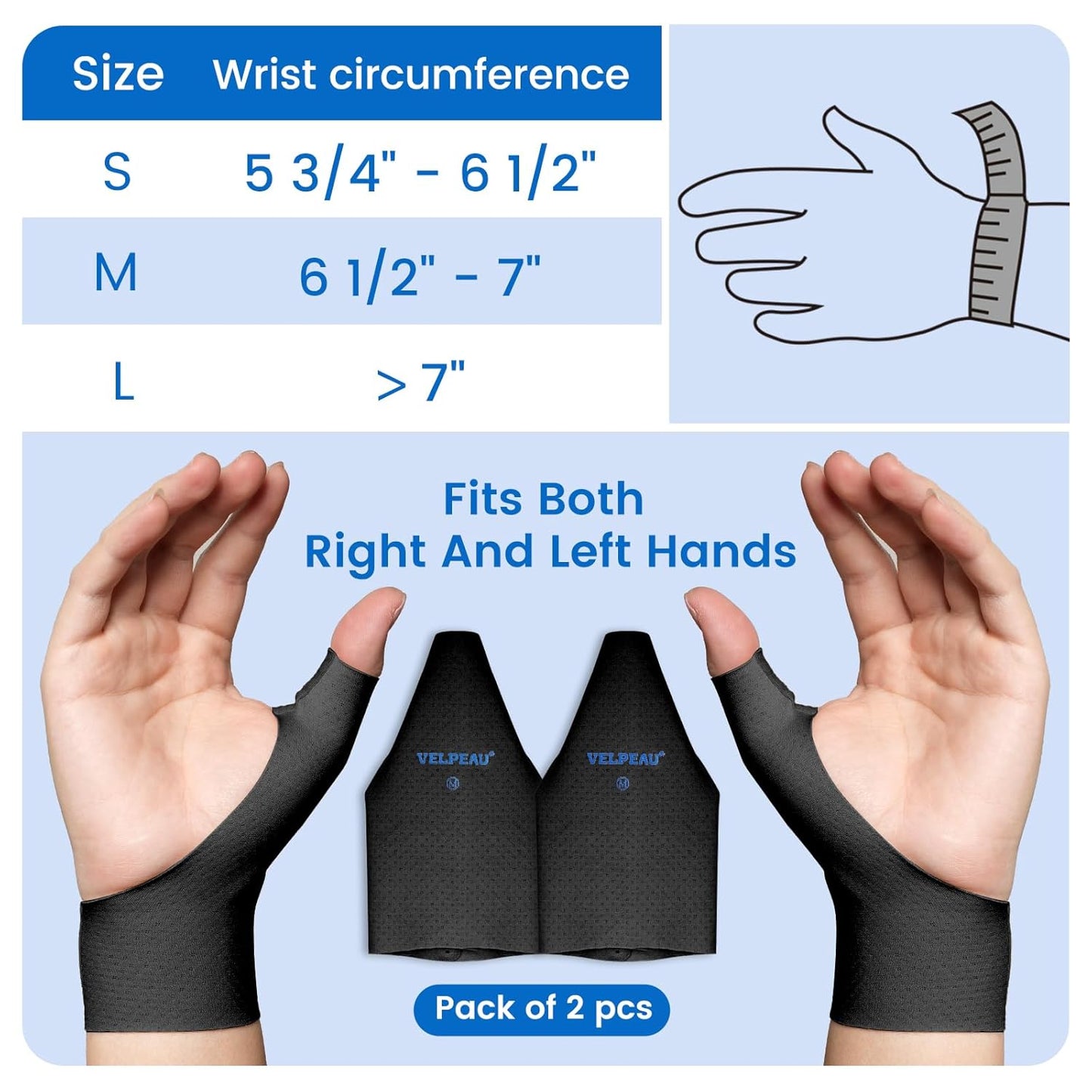 VELPEAU Thumb and Wrist Compression Sleeve for Tendonitis (Pack of 2), Seamless Technology, Gloves Wraps for Arthritis Pain Relief for Women & Men, Splint Liner, Fits Both Hands (Black, Long Version, M)