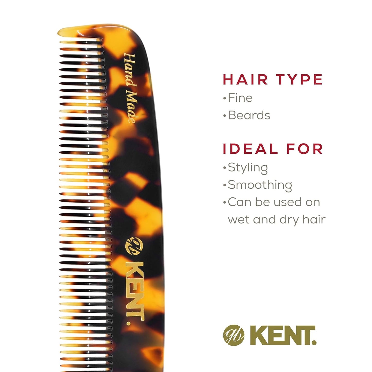 Kent 7T TY Handmade All Fine Tooth Pocket Comb for Men, Hair Comb Straightener for Everyday Grooming Styling Hair, Mustache and Beard, Use Dry or with Balms, Saw Cut and Hand Polished, Made in England