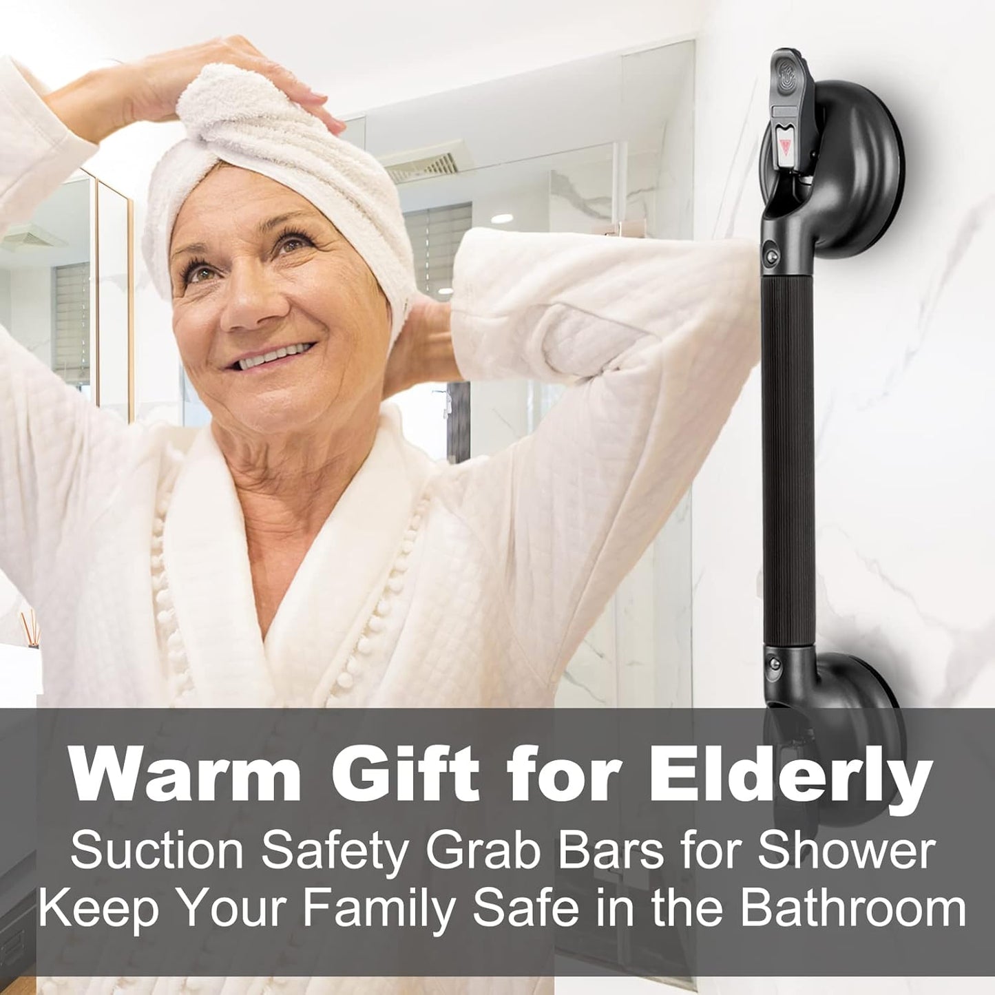 19-Inch Shower Handle - Upgraded Grab Bar with Strong Suction Cups for Bathtub & Shower Safety, Ideal for Seniors, Elderly, Disabled - Black