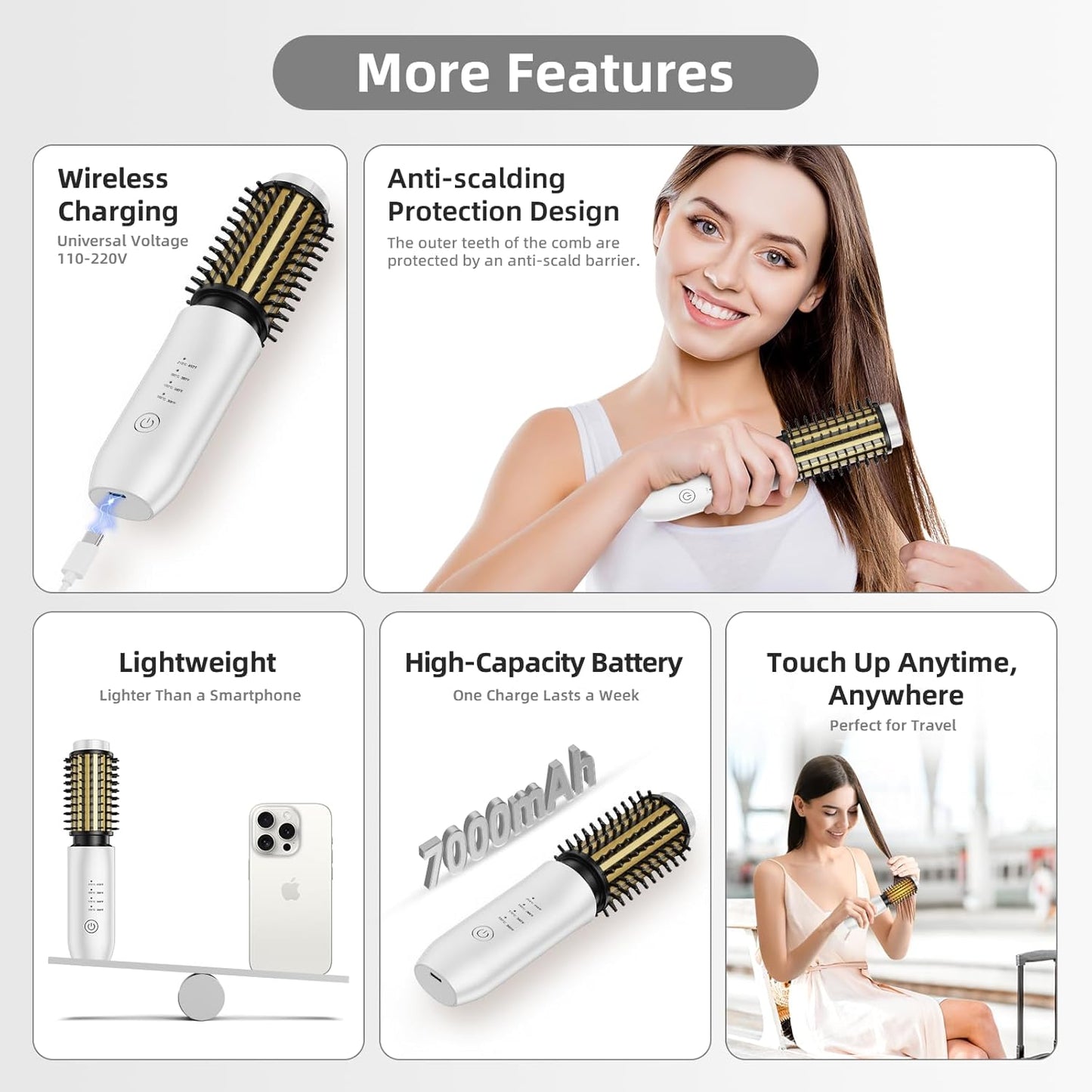 Cordless Curling Iron Brush, 1.5 Inch Mini Travel Hair Curler with 200 Million Negative Ions, Portable Heated Round Straightener Brush Rechargeable for Curl, Touch-Up, De-Frizz, Styling, White