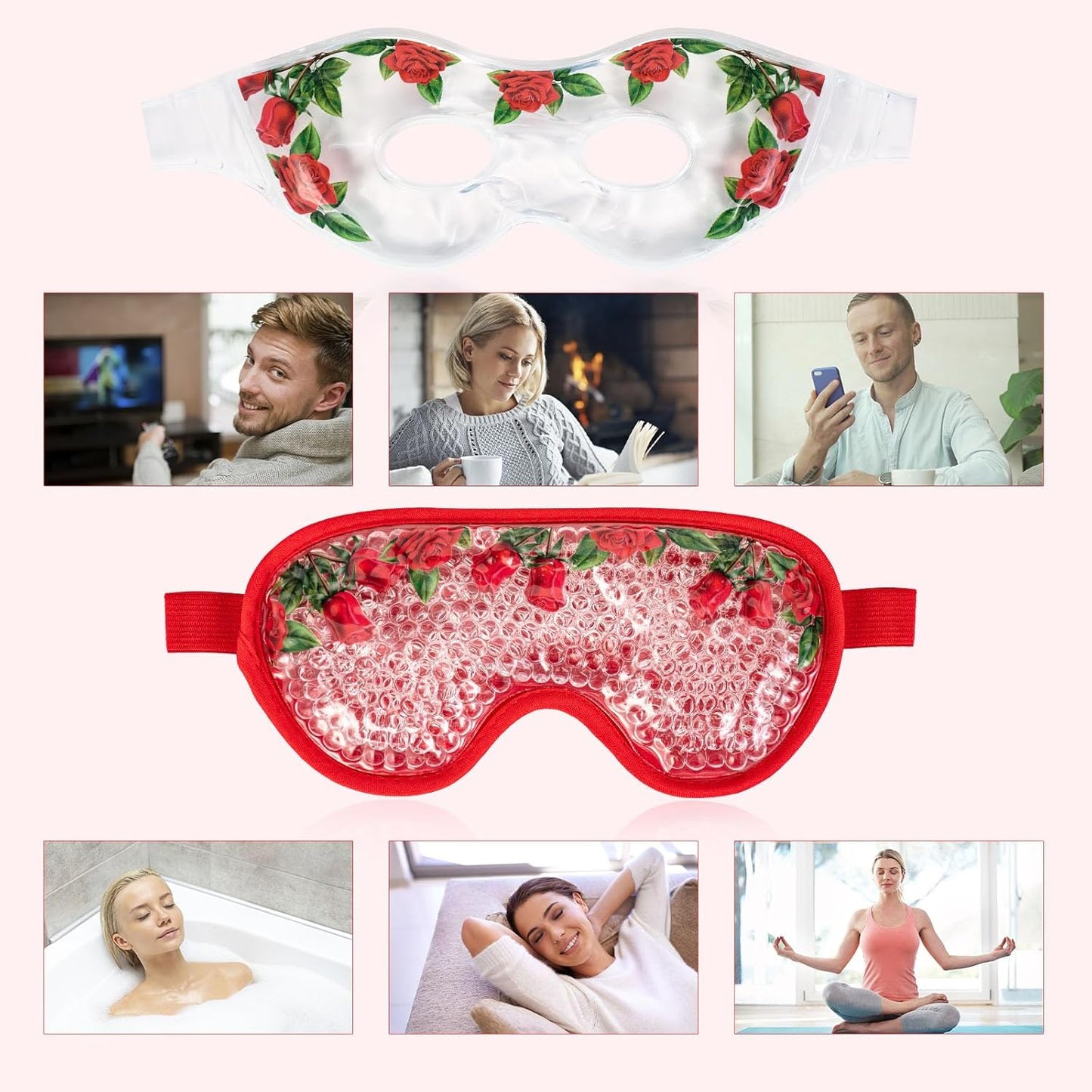 LEOSTEP 4 PCS Cooling Eye Mask Set - Ice Face Mask with Rose Essential Oil, Cold Eye Compress and Reusable Gel Pads for Eyes Puffiness, Migraine Headache, Dark Circles, Dry Eyes