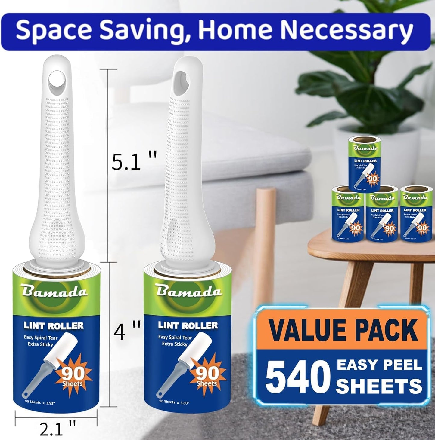 Sticky Lint Roller for Pet Hair: Lint Remover for Dog Cat Hair Mega Value Set 540 Sheets 2 Handles+6 Rollers Fur Removal for Clothes Couch Furniture