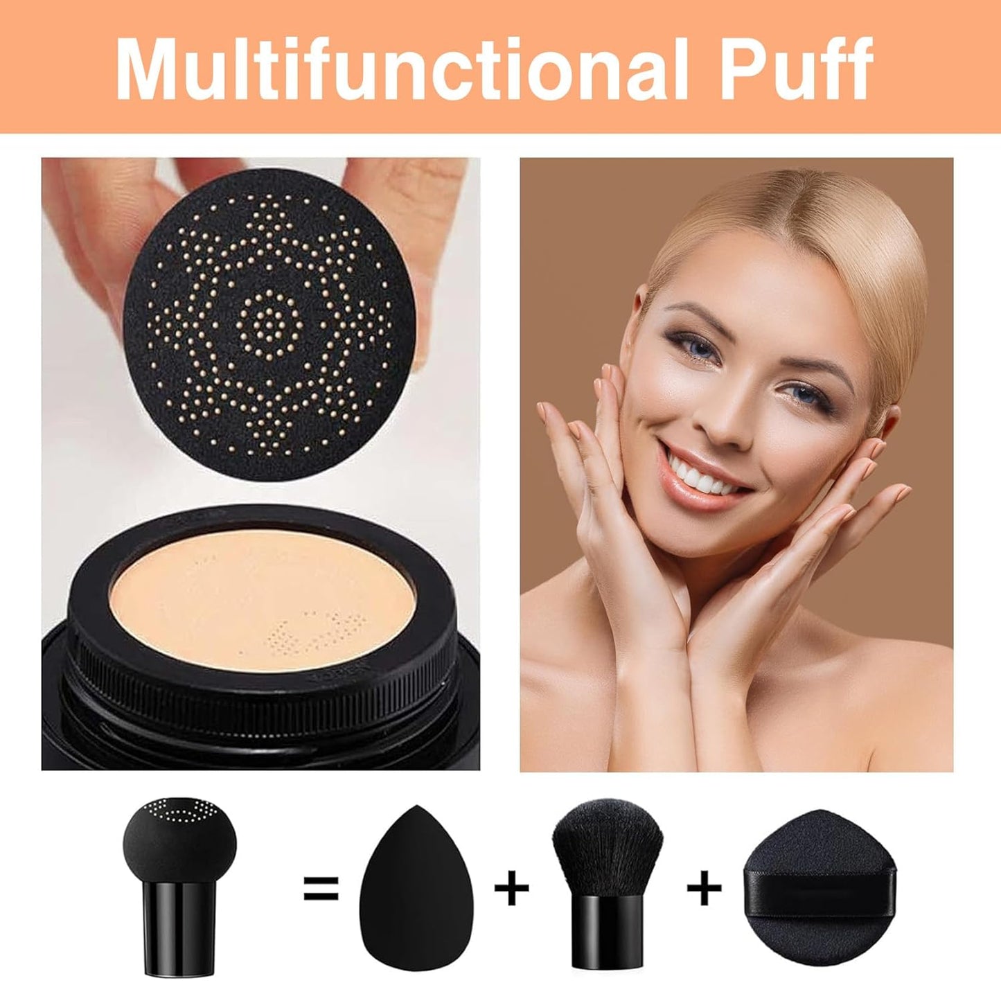 2Pcs Mushroom Head Air Cushion CC Cream, Long Lasting Oil Control BB Cream for All Skin Types, Moisturizing Foundation Face Makeup Set with Foundation Brush (#Natural)
