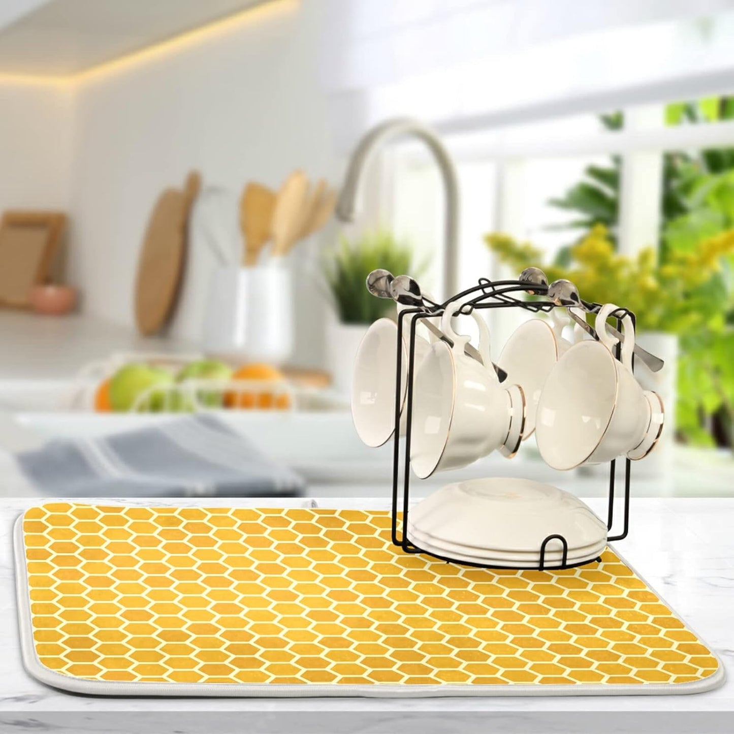 Yellow Honeycomb Dish Drying Mat - 18x24 Inch Large Microfiber Drying Pad for Bottles & Sink