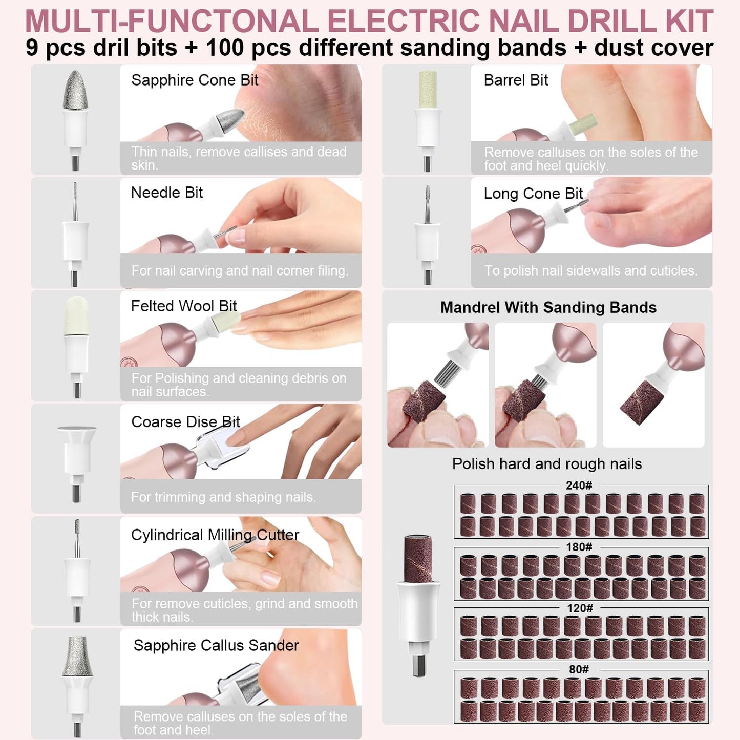 2 Pack Electric 9-in-1 Cordless Nail Drill with 100 Bits, 5 Speeds, Home & Salon Must-Have