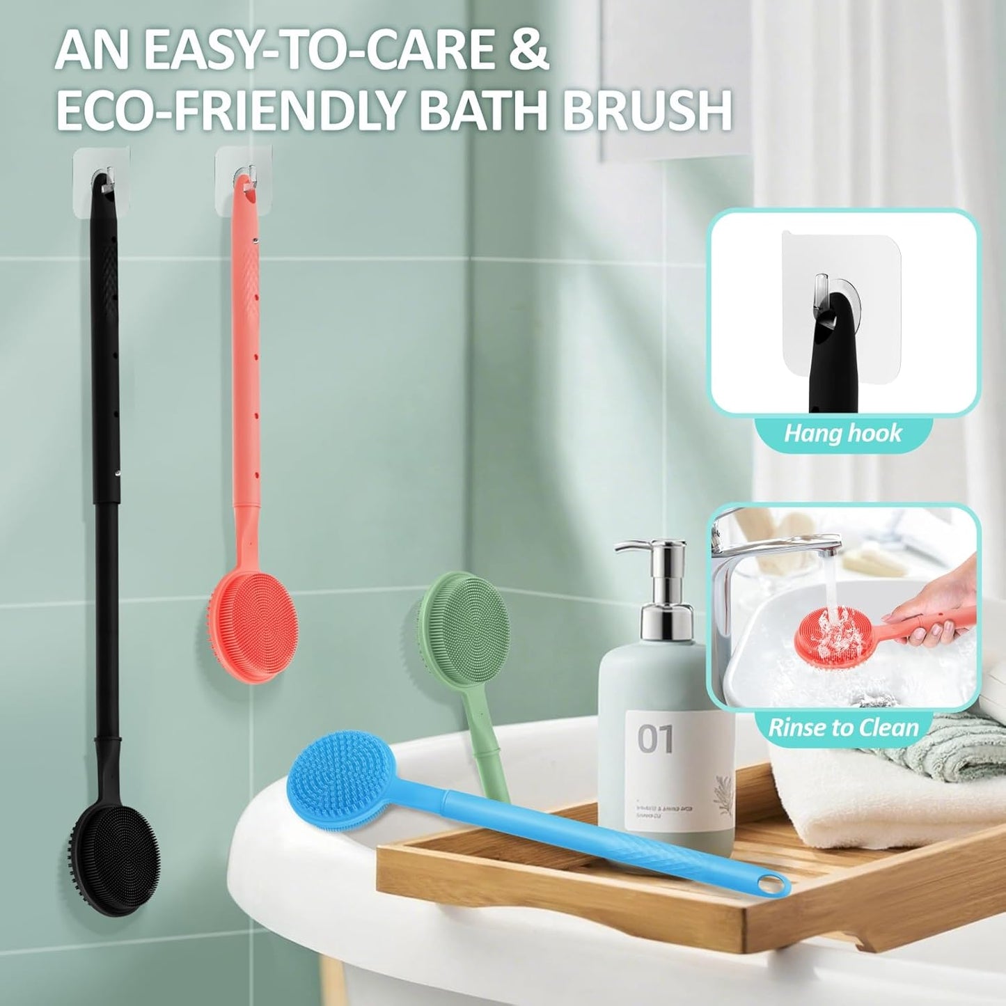 Adjustable Silicone Back Scrubber for Shower, 16''-24'' Extendable Shower Back Scrubber for Rich Foam, 5-Length Back Brush Bath Brush with Dual-Side Head and Super-Lathering Bristles(Pink)