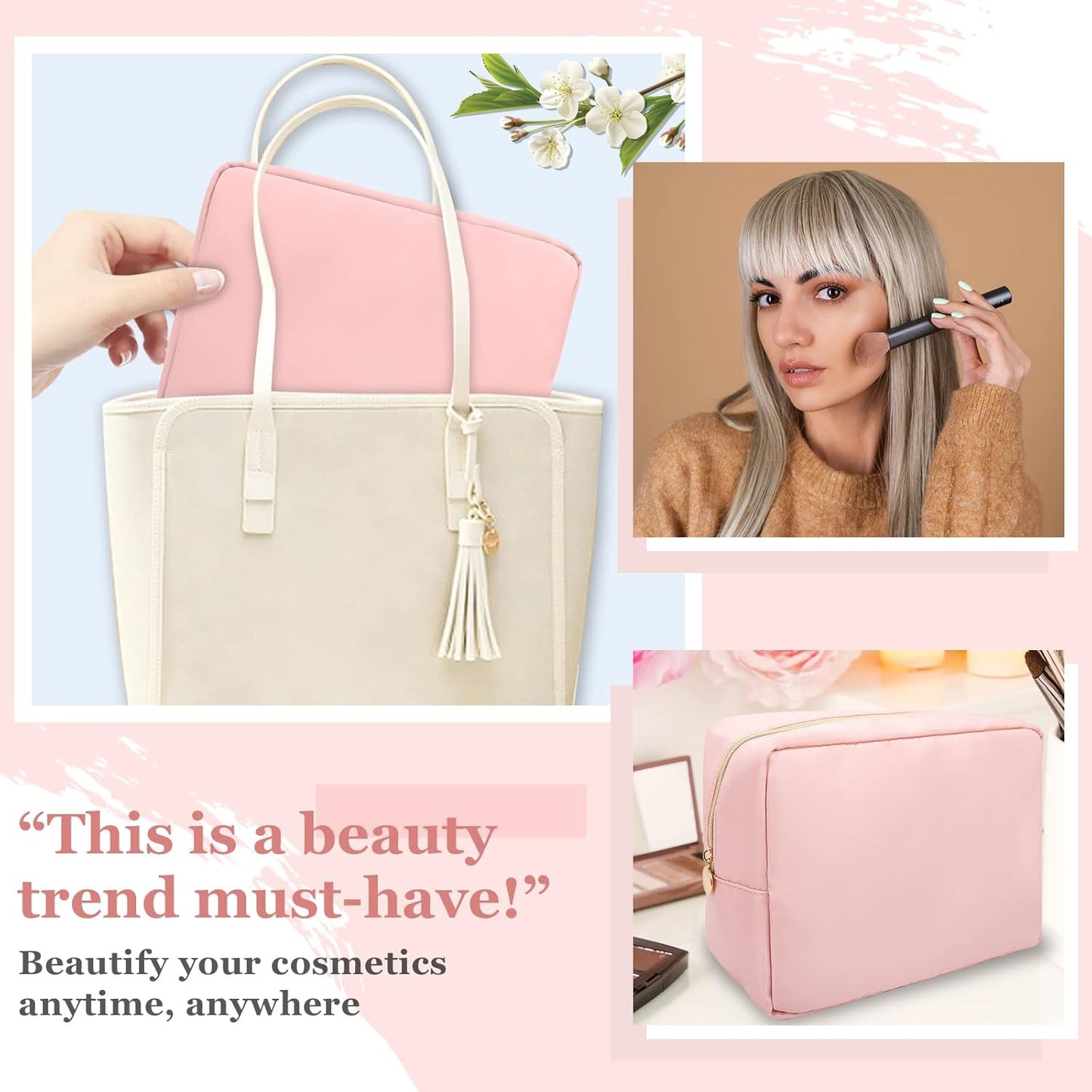 Nylon Large Makeup Bag Travel Pouch for Women, Preppy Big Pink Makeup Bag Cute Cosmetic Zipper Pouch Purse, DIY Chenille Letter Bag Waterproof Toiletry Bag Clutch Makeup Organizer for Women Girl(Pink)