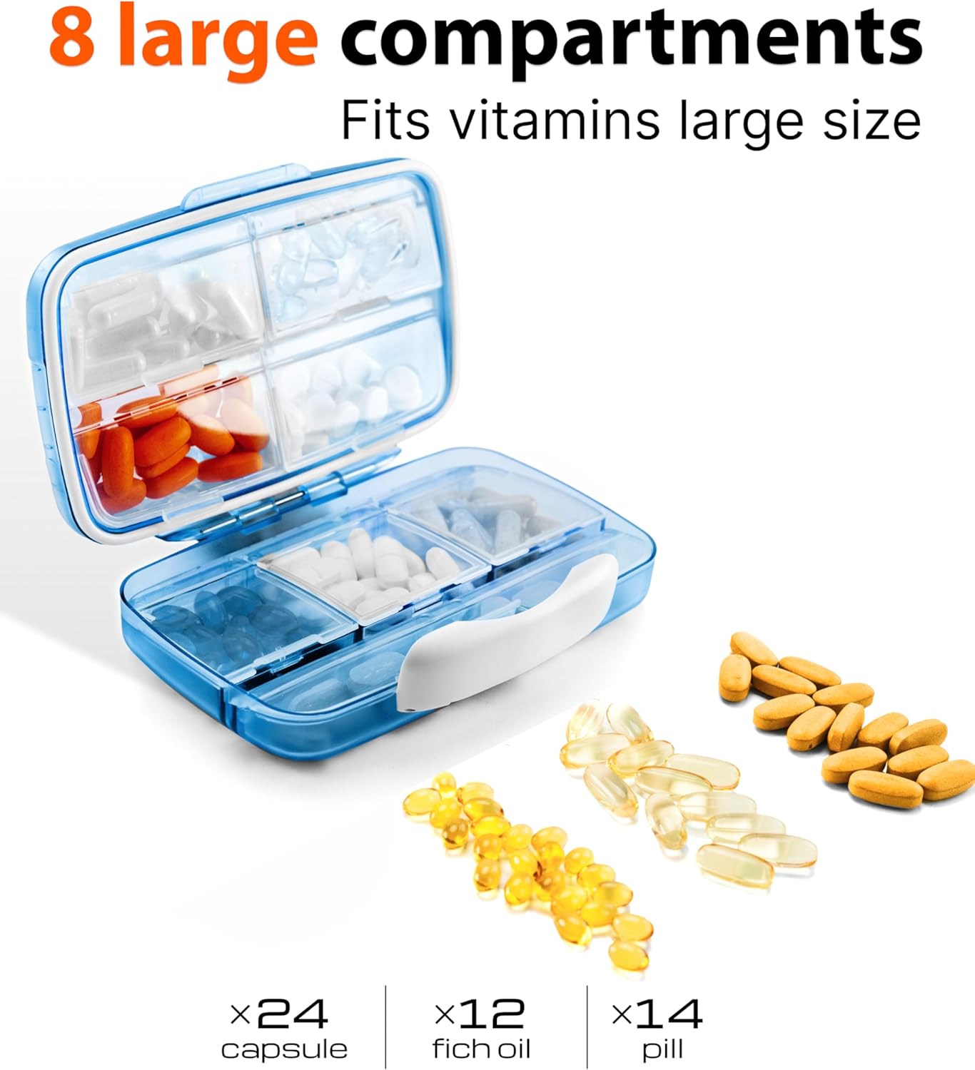 Travel Pill Organizer - Airtight Medicine Case for Traveling Portable Pharmacy Box with Labels Vitamin Container 8 Compartment Supplement Medication Holder Large Capacity Daily (Blue)