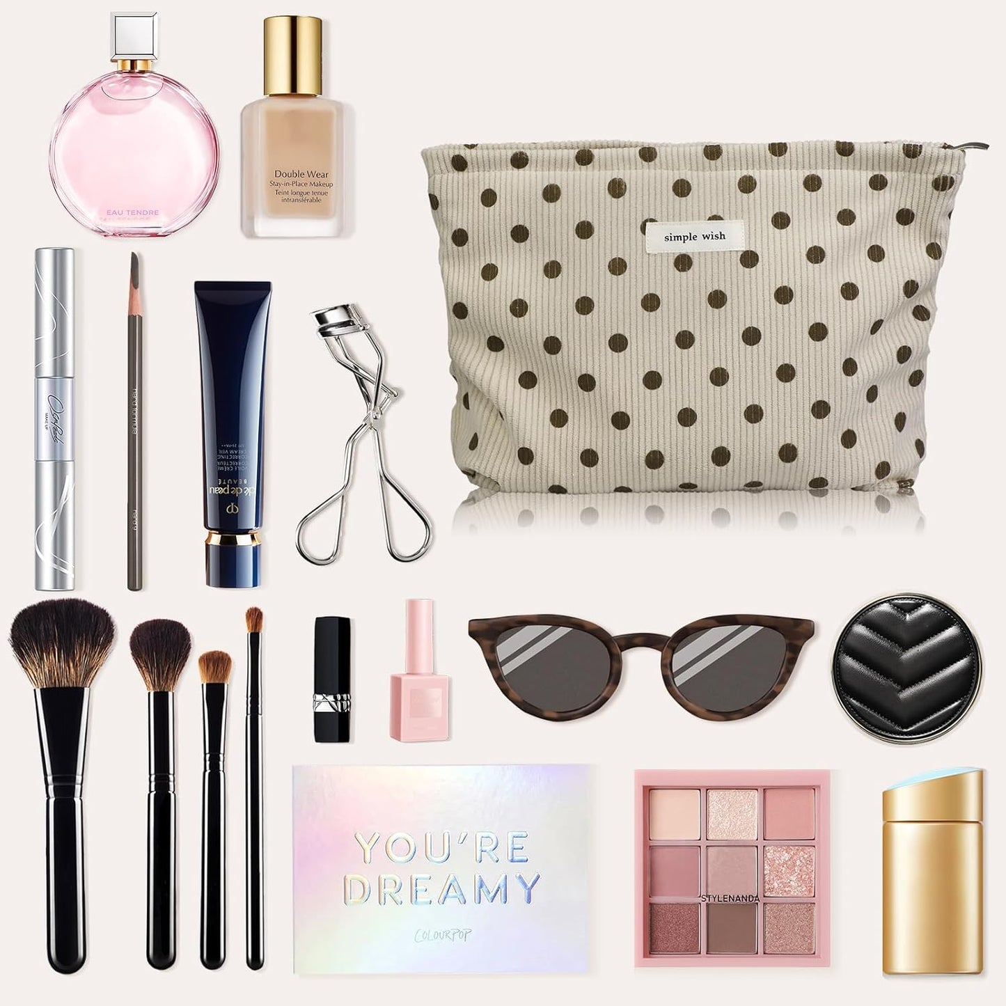 Wudygirl Makeup Bag Makeup Pouch for Women Corduroy Cosmetic Bag Portable Travel Toiletry Bag Large Capacity Make up Organizer with Zipper(Beige Polka Dot)