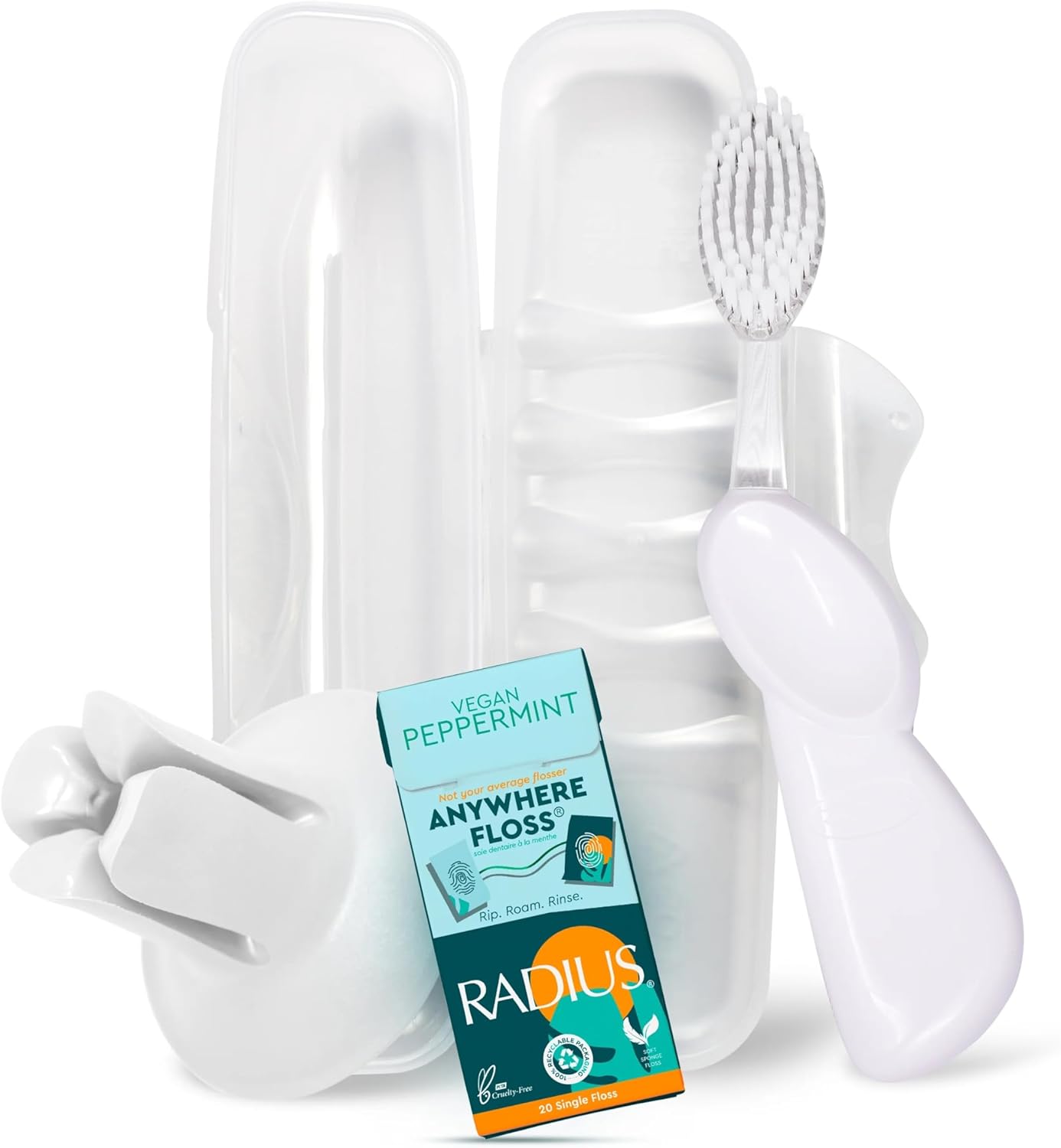 RADIUS Vacation Pastel Bundle, Includes Right Handed Big Brush with Replaceable Head, Toothbrush Travel Case, DOC Toothbrush Holder, Anywhere Travel Floss Packette, White, 4 Piece Bundle