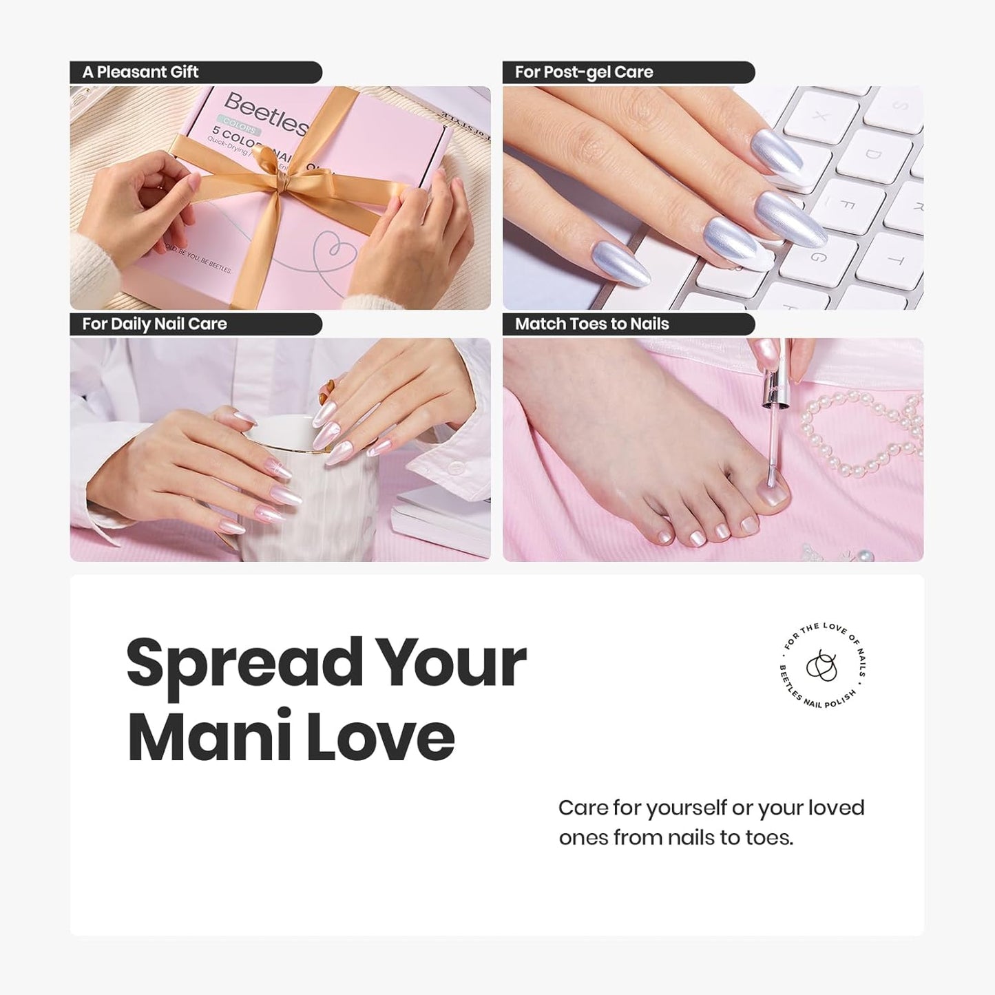 Beetles Pearl Nail Polish Set 7Pcs, Nude Pink Frosty Blue Beige Quick-drying Nail Polish Kit, with 2 IN 1 Base & Top Coat and Cuticle Serum 20ml All-in-One Care Nails Gift Sets