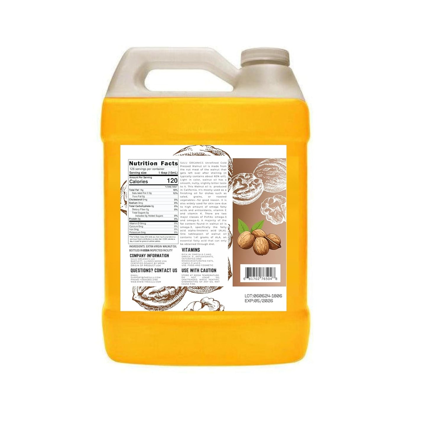 128 FL.OZ/1 Gallon-100% Pure Extra Virgin Unrefined Cold Pressed Walnut Oil - DEEP GOLDEN-FRESH FLAVOR