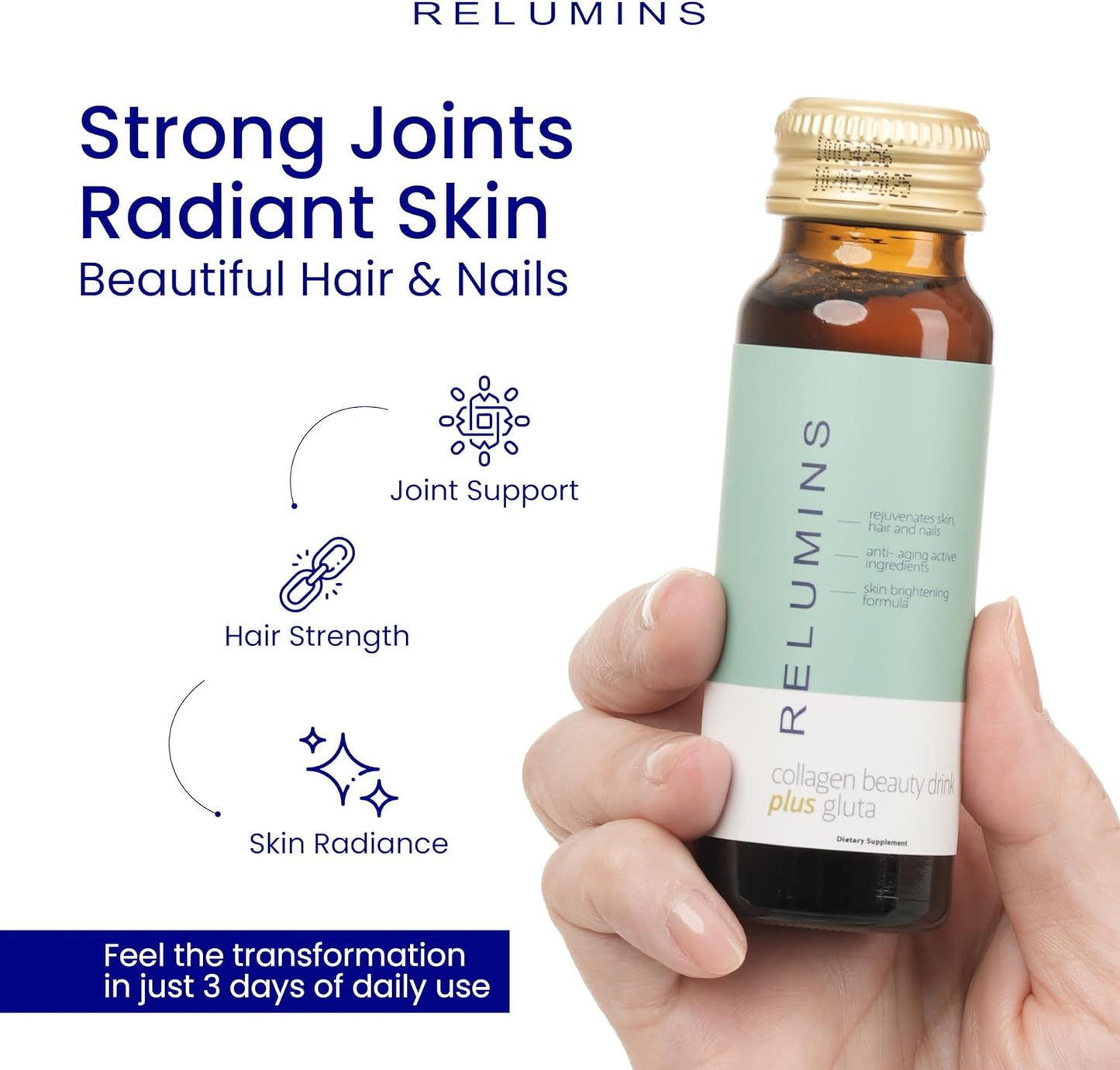 Relumins Advanced Collagen Beauty Drink with Glutathione, Hyaluronic Acid & Antioxidants - Post-Summer Skin Recovery & Shots for Radiant Skin, Hair & Nails - Apple Flavor - 30 Bottles x 50mL