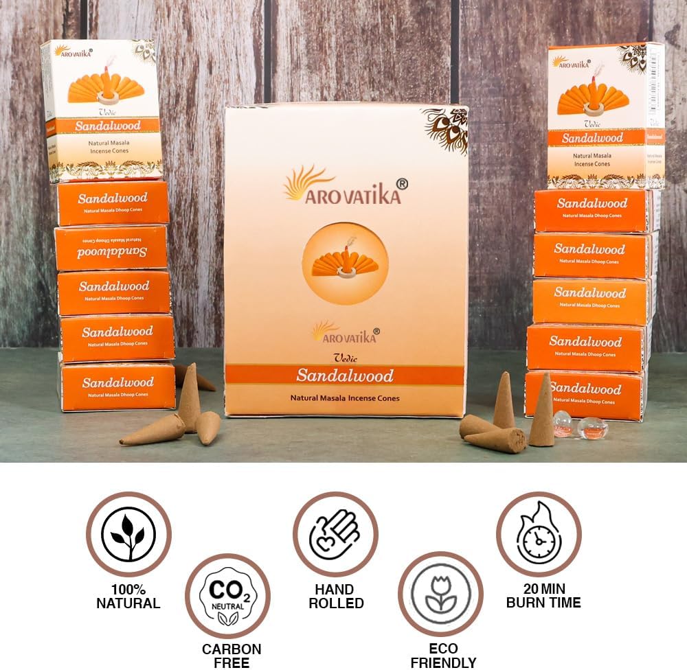 ARO VATIKA Vedic Sandalwood Natural Masala 120 Incense Cones in Pack of 12 Boxes| Environment-Friendly Dhoop- Best for Prayer, Reiki, Meditation and Relaxation | Burn time- 25 mins