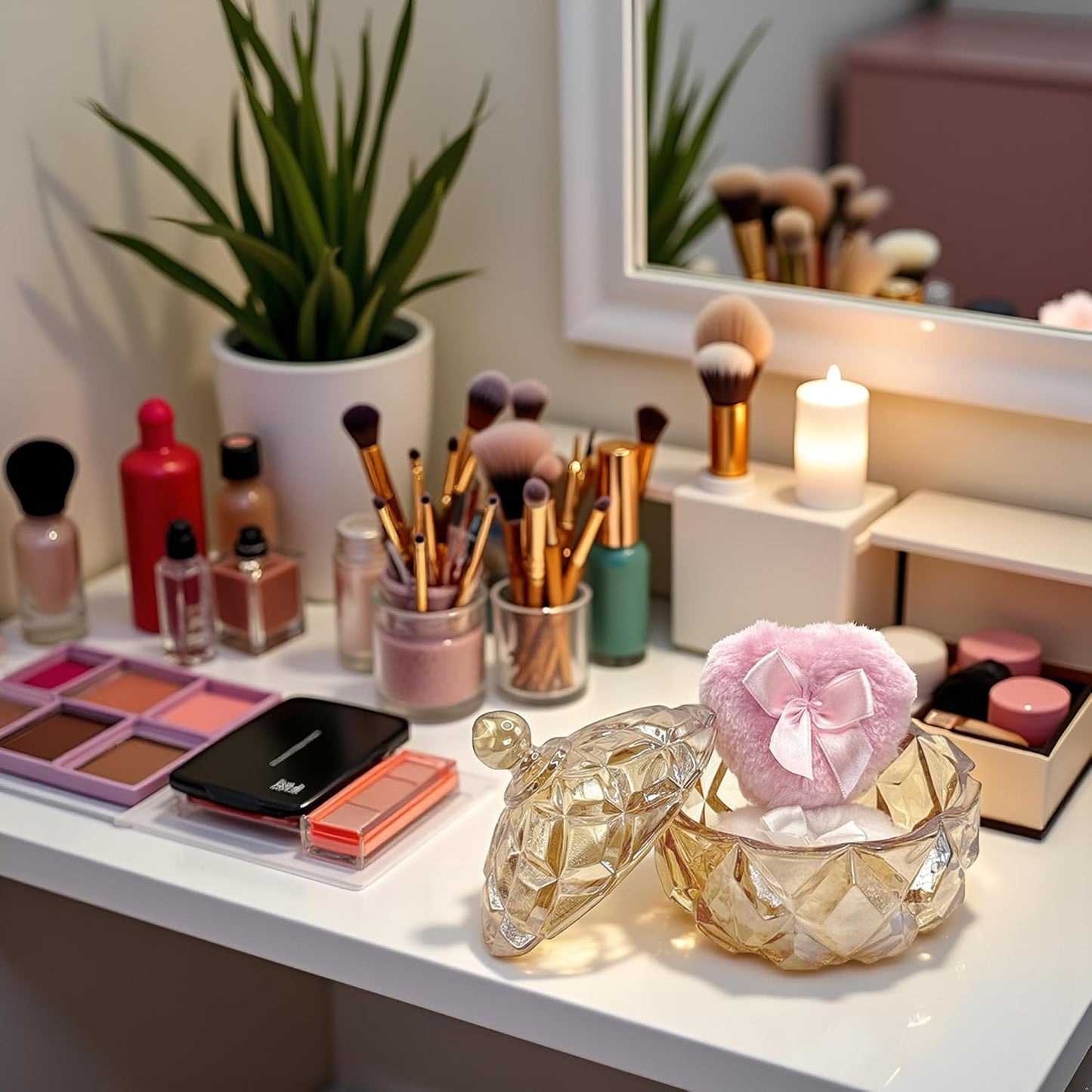 Body Powder Puff and Container - Glass Dusting Powder Container with 2 Soft Puffs Vintage Powder Puff Case for Women & Girls (3.94x3.94x4.53 H in) - GRB012-Amber