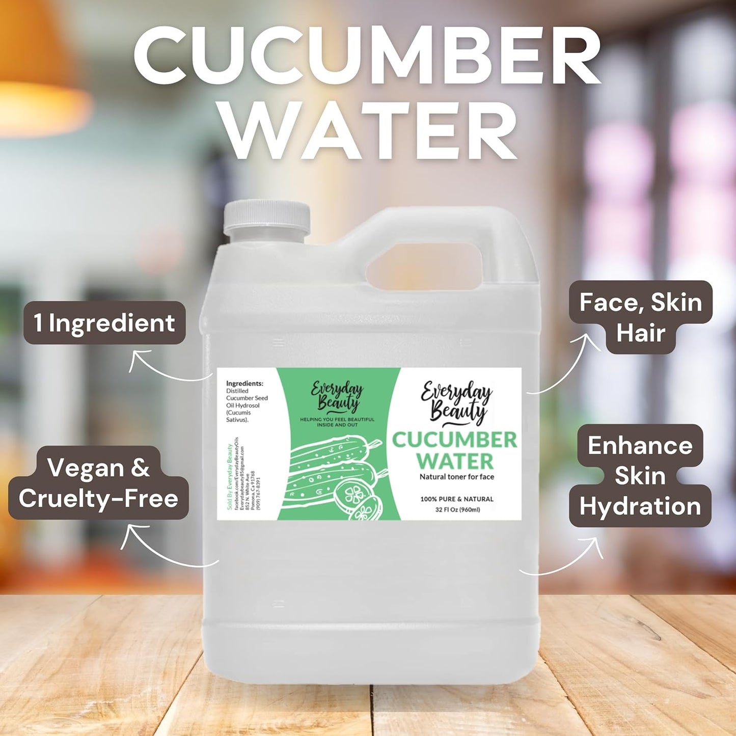 Cucumber Hydrosol Bulk - 32 oz All Natural Hydrating Spray Mist for Face and Hair - 100% All Natural Cucumber Water