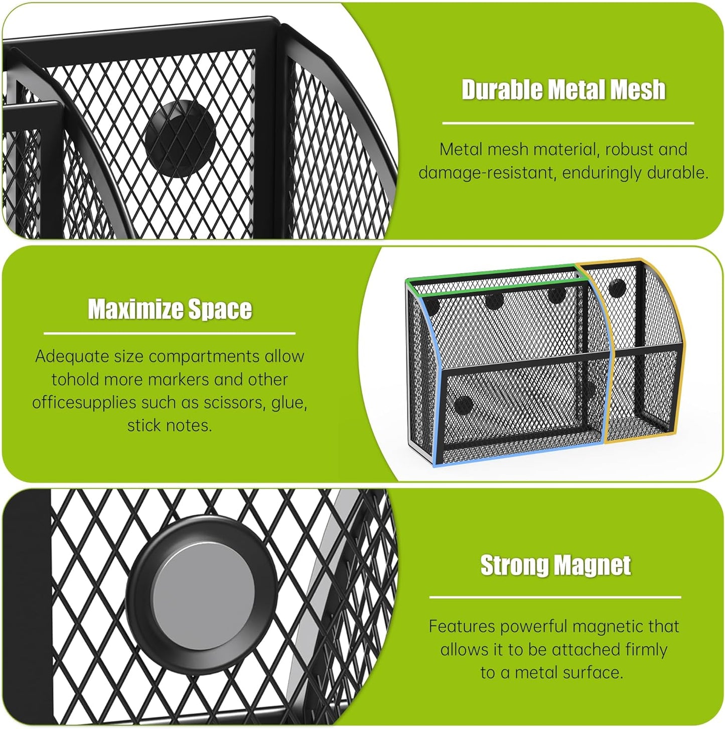 YINGHUA Strong Magnetic Pen Holder for Whiteboard and Refrigerator 3 Compartments Metal Mesh Organizer Space Saving Shelf for Office School Home and Locker - Black