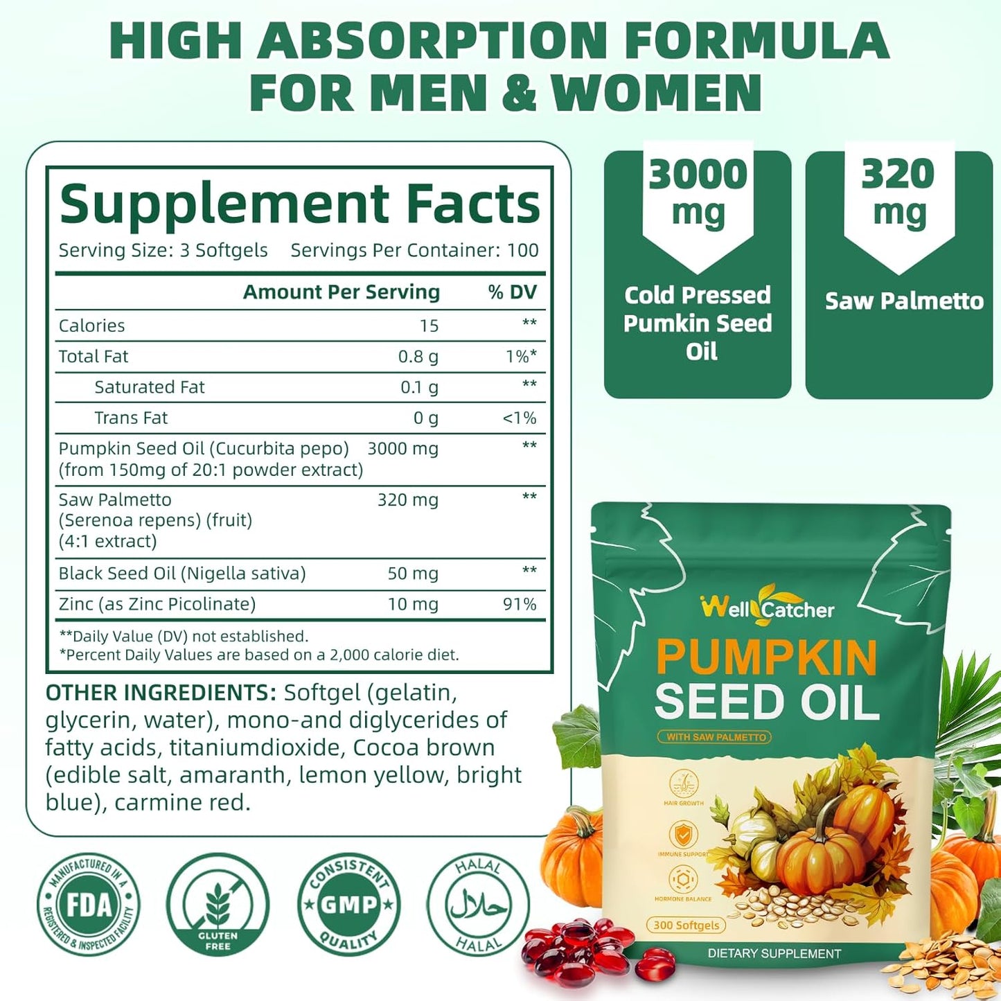 Pumpkin Seed Oil with Saw Palmetto Softgels: Organic 3000mg Pumpkin Seed Oil Capsules Cold Pressed for Hair Growth Bladder & Prostate Health Support with Black Seed Oil Zinc Per Serving 100 Servings