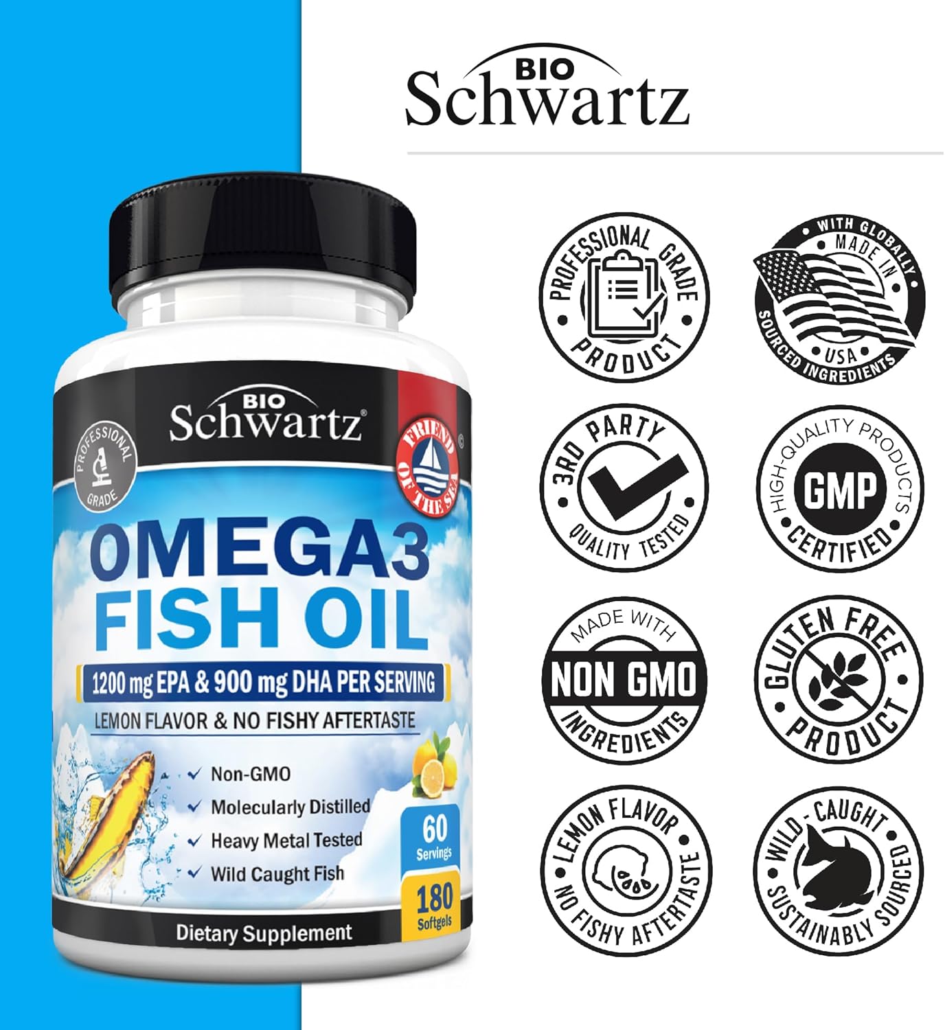 Triple Strength Omega 3 Fish Oil Supplement - 2250mg EPA DHA Omega 3 Fatty Acids from Fresh Wild Caught Fish, Burpless Lemon Flavor Formula Supports Eye Health and More, Gluten Free, 180 Softgels