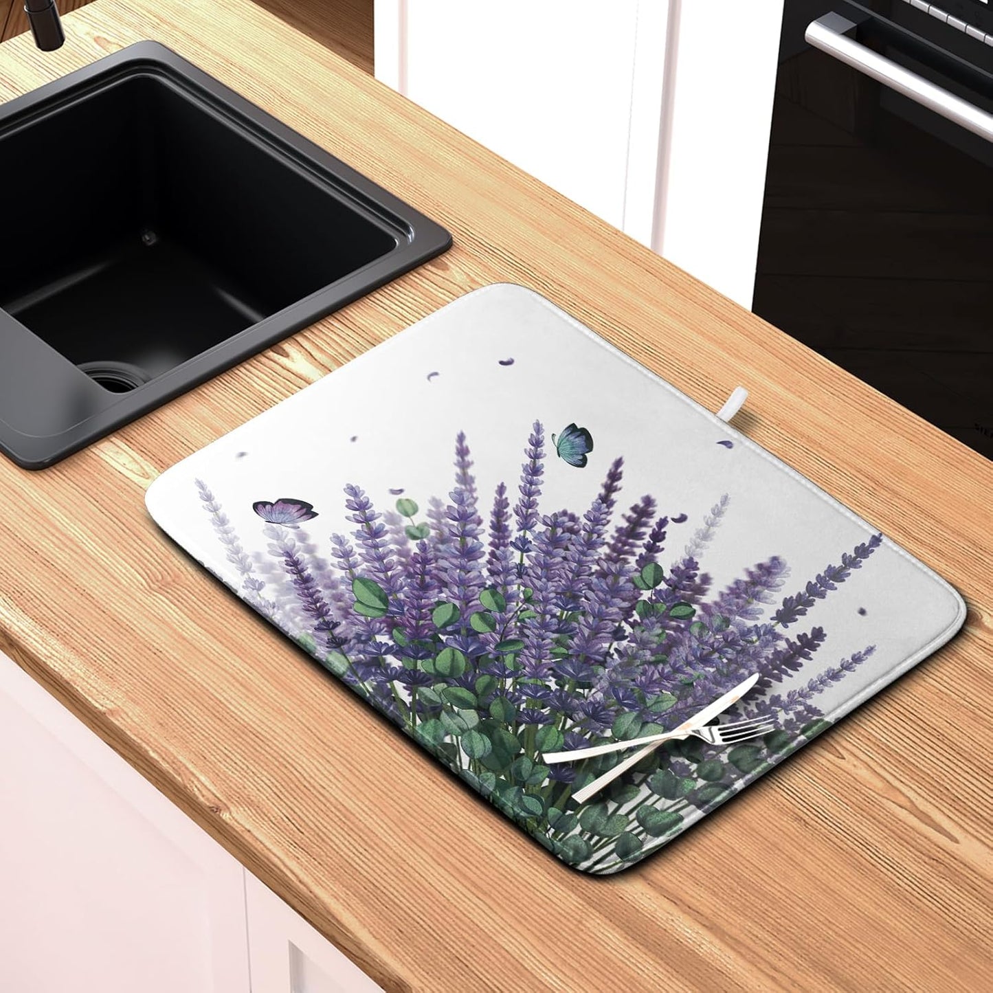 Purple Lavender Dish Drying Mat for Kitchen Counter, 18 x 24 Purple Floral Microfiber Dish Drainer Mats, Absorbent Reversible Microfiber Dish Mat, Butterflies Flowers Kitchen Drying Mats for Dishes