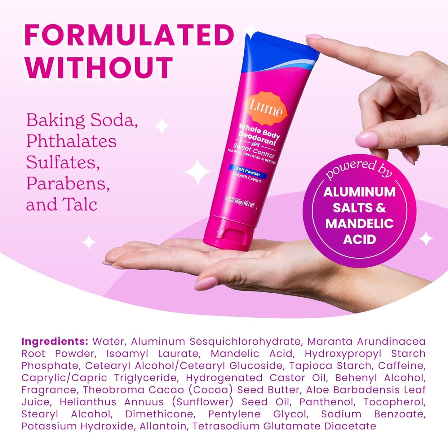 Lume Whole Body Deodorant Plus Sweat Control - Smooth Cream Tube - 72 Hour Odor And Sweat Control - Baking Soda Free, Skin Loving - 3.0 ounce (Pack of 2) (Soft Powder)