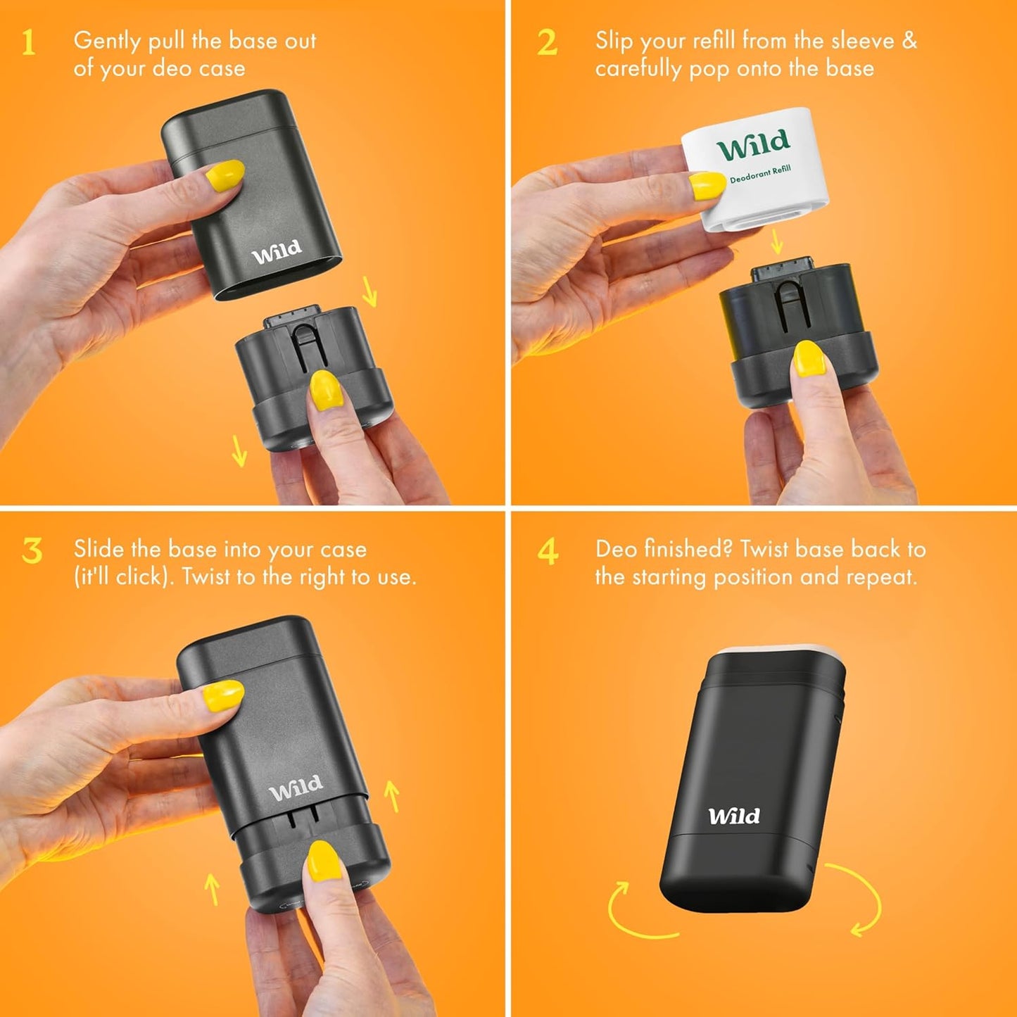 Wild Refillable Deodorant Starter Kit with Black Case and Honey & Cactus Flower Scented Refill 1.4oz - Aluminum Free - Long Lasting Protection - Vegan