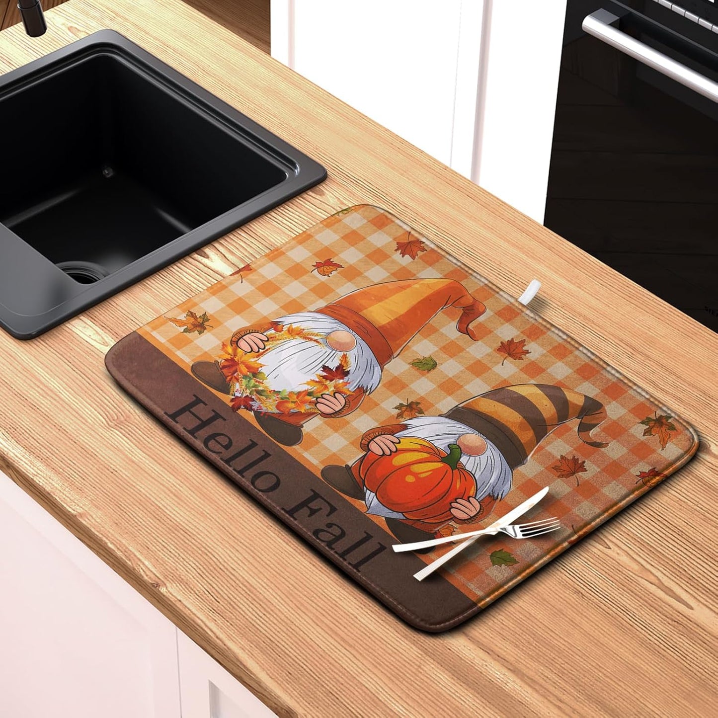 Hello Fall Autumn Gnomes Dish Drying Mat 18x24 Thanksgiving Pumpkin Maple Leaves Harvest Kitchen Drying Mat Orange White Buffalo Plaid Dish Drainer Mat Ultra Absorbent Dish Rack Pad for Coffee Bar