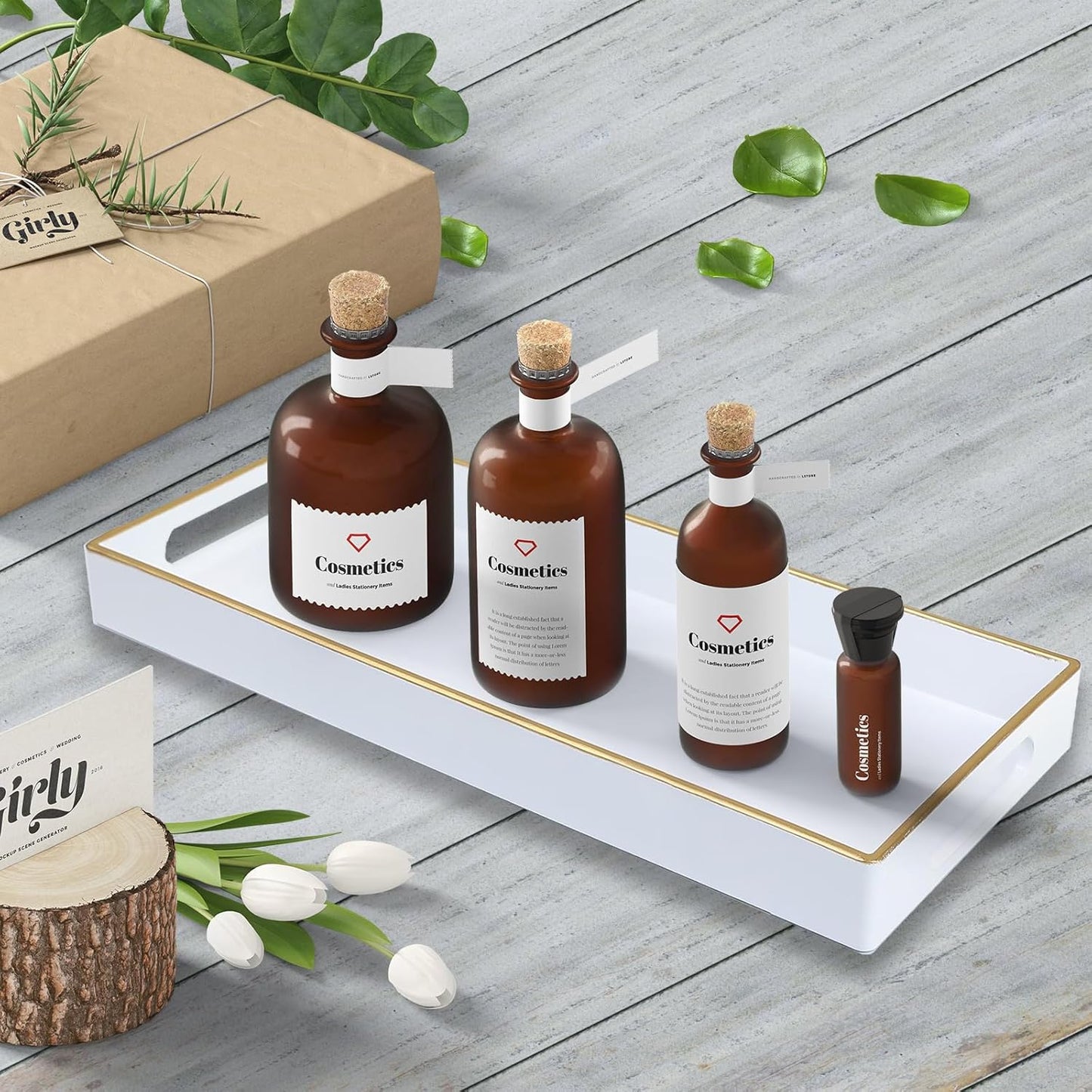 White Bathroom Vanity Tray for Countertop, Small Plastic Toilet Tank Versatile Storage & Organization Tray for Makeup, Perfume, Desk, Kitchen, Candles, 13.7"x6"x1.4", 35W