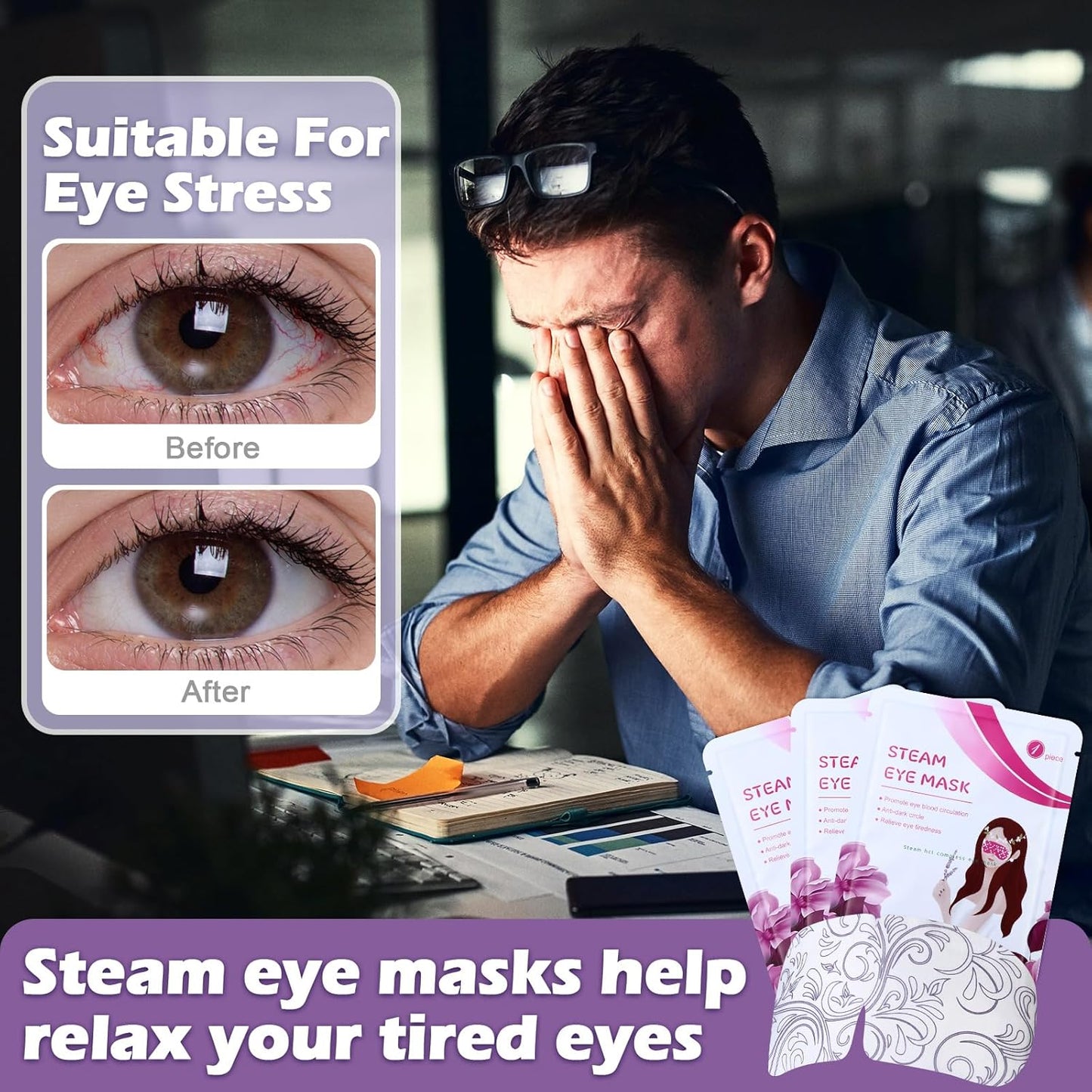 48 Packs Steam Eye Mask Disposable Self Heating Eye Mask for Dry Eyes Spa Warm Sleep Eye Mask for Home Office Travel Eyestrain Relieve (Lavender)