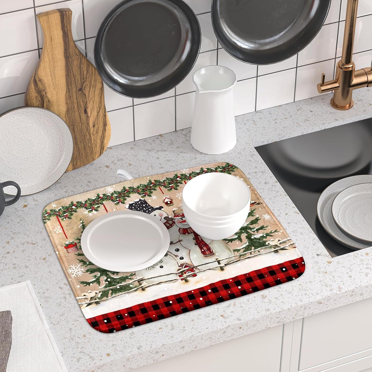 Winter Snowman Dish Drying Mat 16x18 Inch Red Buffalo Plaid Holiday Dish Drainer Mat Absorbent Dish Rack Pad for Kitchen Counter Sink Decor