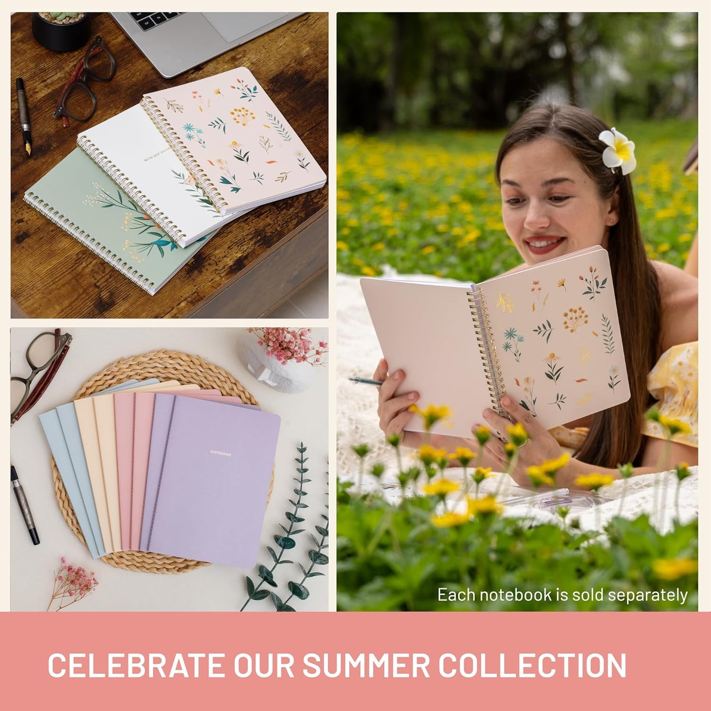 Happy Hoos® Aesthetic Spiral Notebook - 6.25" x 8.25" College Ruled Journal Notebook - Hard Cover Writing Journal for Work, School, Travel, More - Floral Notebook 8 Seasonal Designs(Summer Garden)