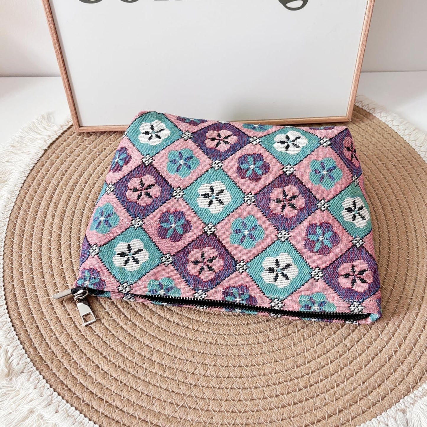 Diamond-shaped Flower Makeup Bag for Women, Canvas Cosmetic Bag with Zipper Lining, Travel Makeup Pouch for Purse, Small Pouch for Toiletry, Cosmetic, Sunscreen, Hygiene, Skincare, Medicine, Sunblock