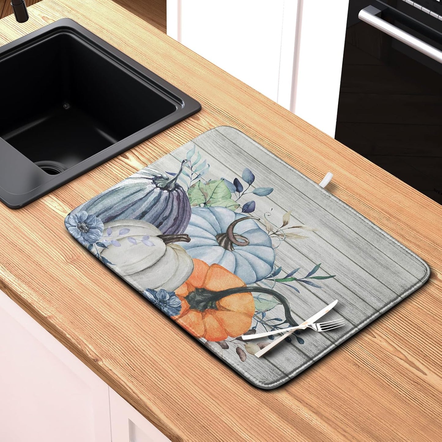 Fall Blue Orange Grey Pumpkin Kitchen Dish Drying Mat for Kitchen Counter 16x18 Inch Autumn Teal Flowers Drying Mat Thanksgiving Harvest Dish Drainer Mat Super Absorbent Dish Rack Pad for Coffee Bar