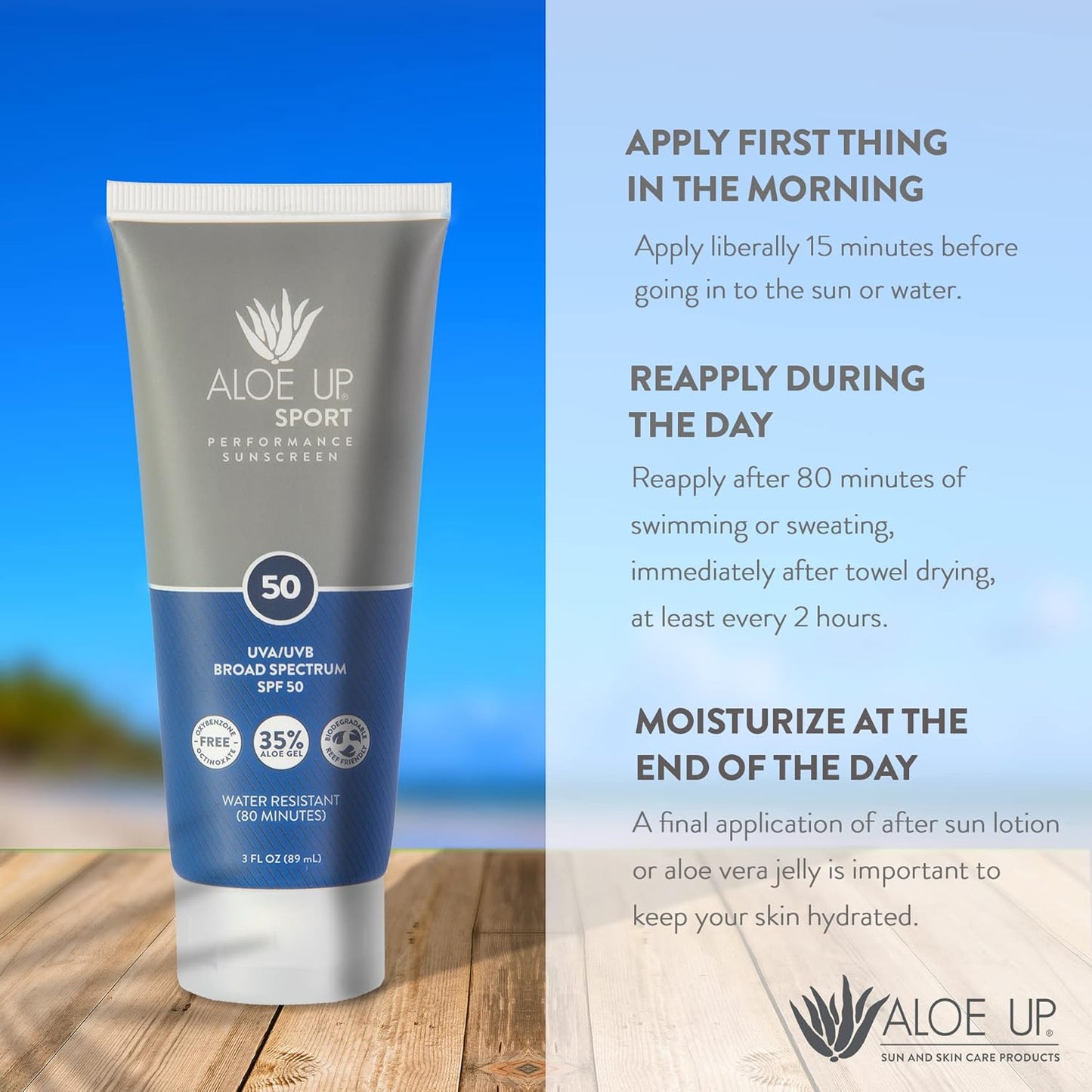 Aloe Up Sport Sunscreen Lotion SPF 50 - Broad Spectrum UVA/UVB Sunscreen Protector for Face and Body - With Hydrating Aloe Vera Gel - Non-Greasy - No White Cast - Reef Safe - Fragrance-Free - 3 Oz