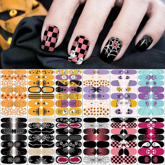 12 Sheets Halloween Nail Wraps Stickers, Nail Polish Strips DIY Self-Adhesive Full Glitter Nail Art Decals Pumpkin Bat Ghost Spider Skull Pattern with 2 Piece Nail Files for Party Decor (168 Pieces)