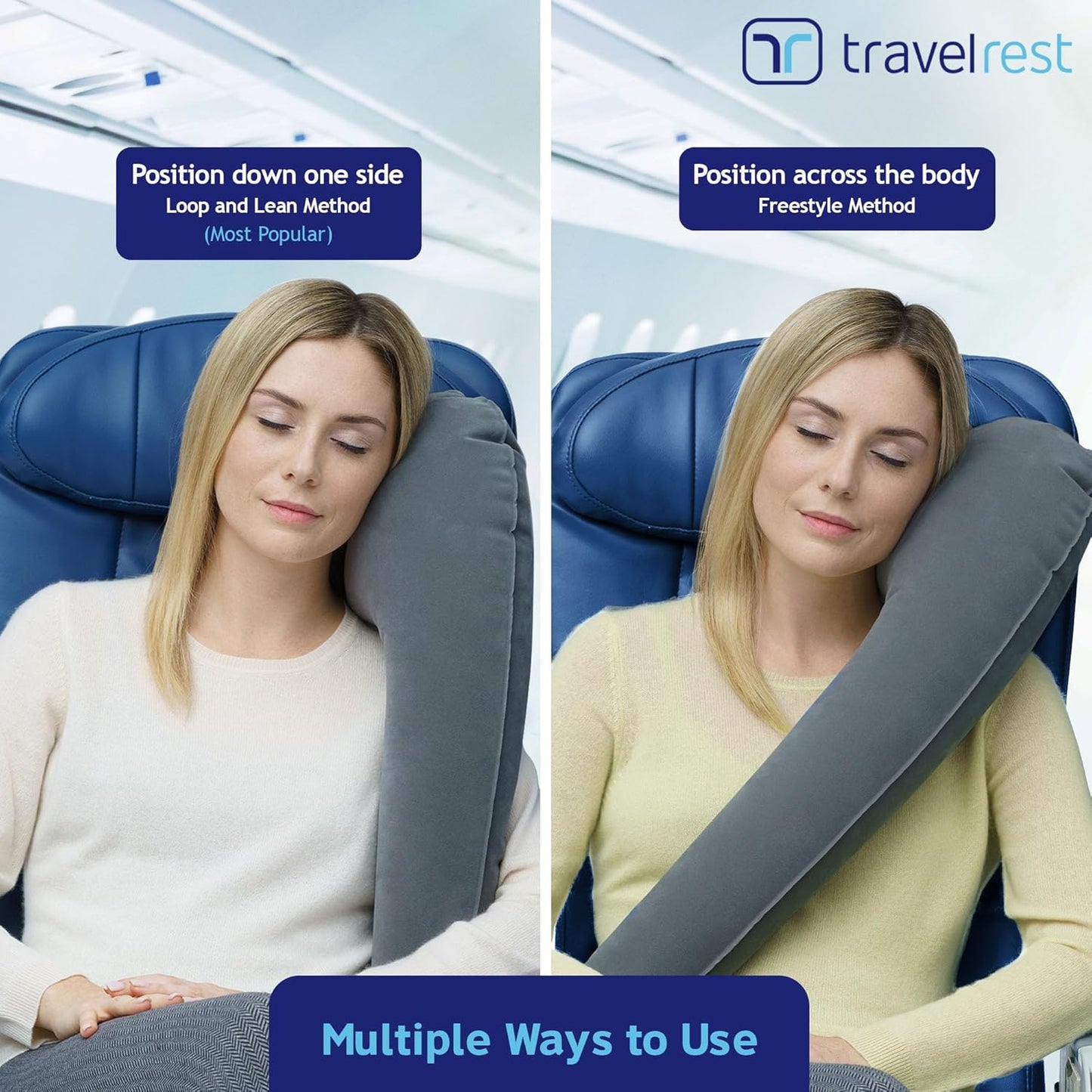 TRAVELREST Ultimate Inflatable Travel Neck & Body Pillow - Travel Essentials, Comfort and Upper Body Support, Airplane Neck Pillow for Long Flight, Straps to Airplane Seat & Car, for All Ages - Grey