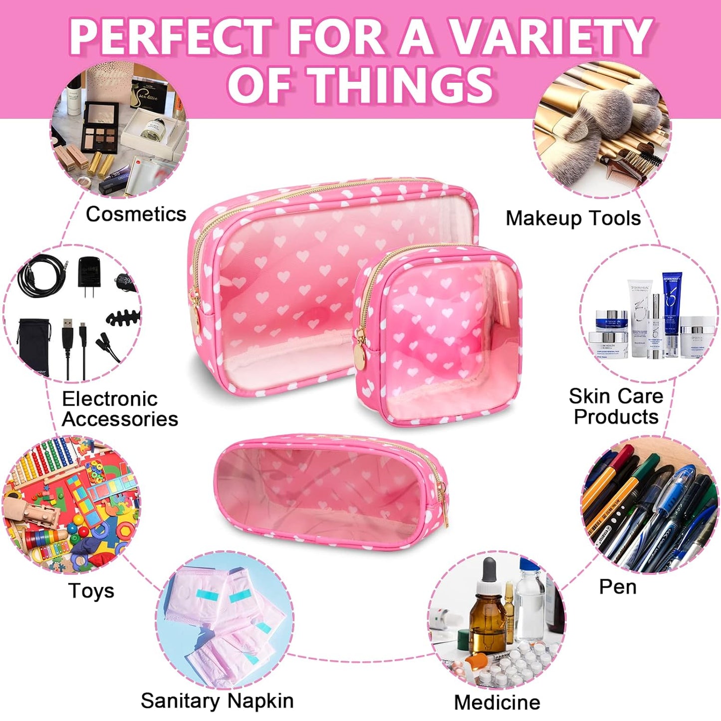 Clear Small Pencil Pouch Makeup Bag for Purse,Nylon&PVC Pencil Case Waterproof Makeup Brush Holder with Zipper,Preppy Transparent Pen Bag Travel Cosmetic Bag for Women Office(Slim-Pink Heart)