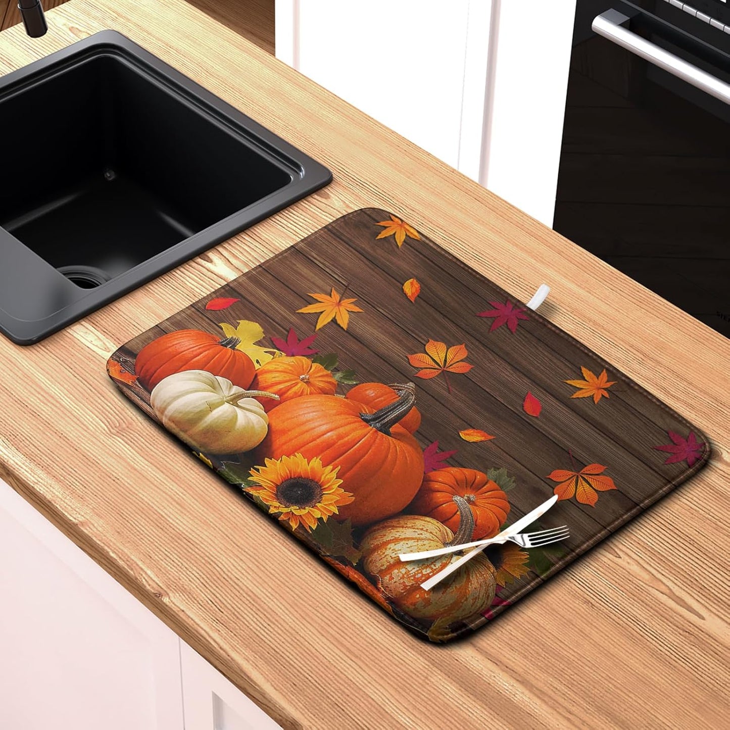 AutumnThanksgiving Pumpkin Dish Drying Mat for Kitchen Counter 16x18 Inch Fall Sunflowers Maple Leaves Harvest Kitchen Drying Mat Microfiber Super Absorbent Dish Rack Drainer Mat with Hanging Loop